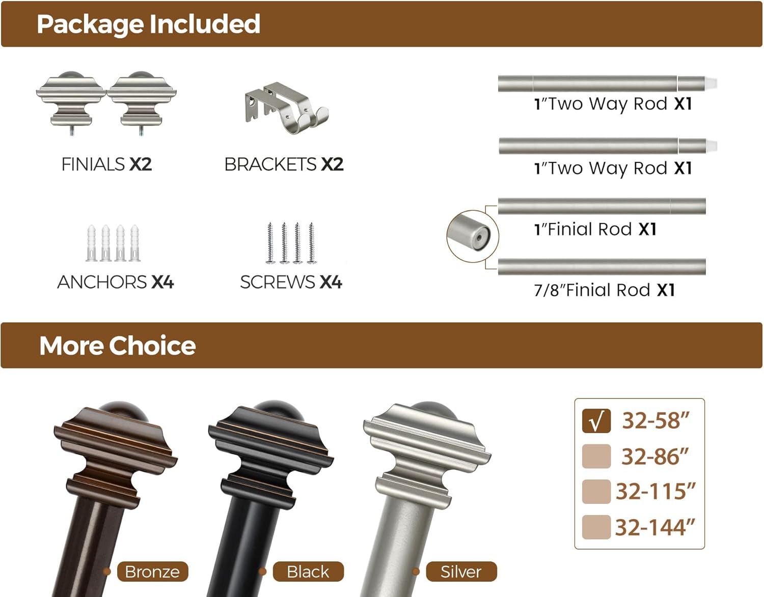 KAMANINA 1 Inch Curtain Rods Adjustable 32-58 Inches Antique Silver