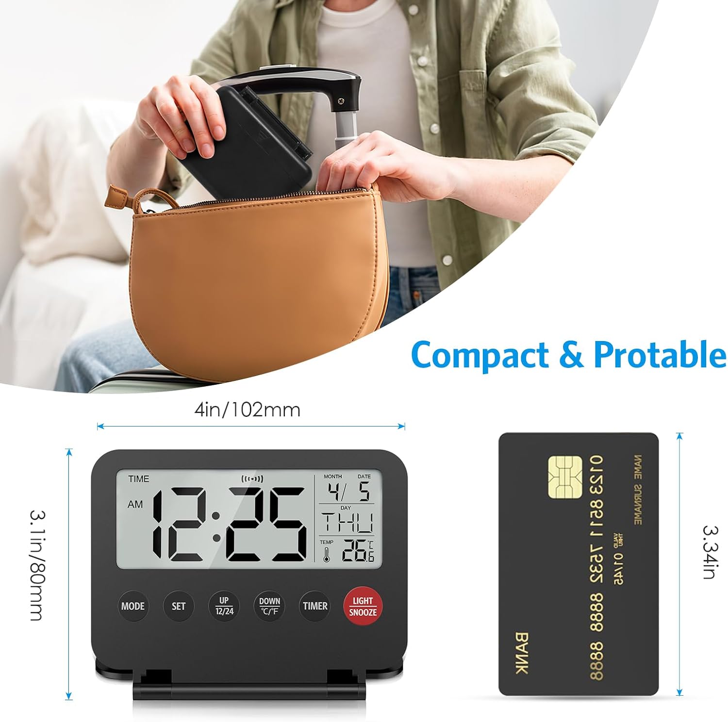 Olipiter Small Foldable Digital Travel Alarm Clock with Calendar and Temperature