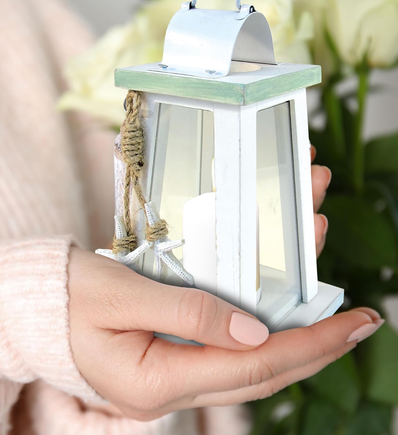 Puzzled Beach Lantern - White Wood Metal Candle Holder with Starfish Rope Accents