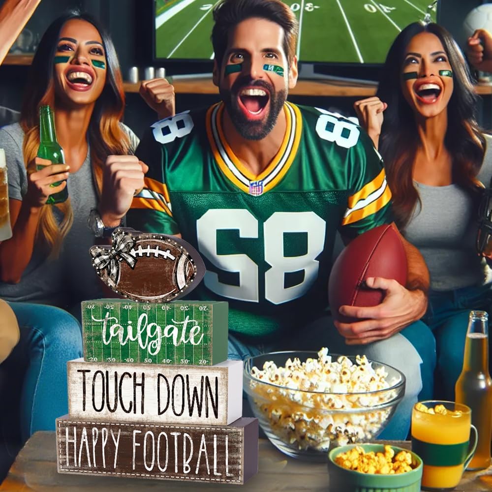 4Pcs Football Wooden Block Sign Fall Decor Centerpiece