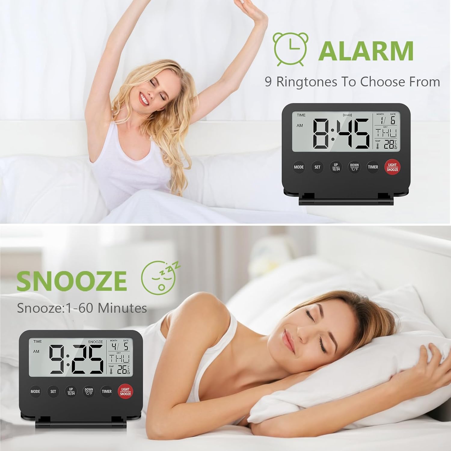 KeeKit Digital Travel Alarm Clock with Date and Temperature