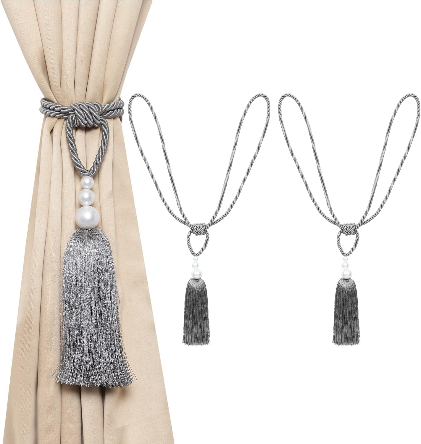 2 Pack Curtain Tiebacks with Pearl Holdbacks Gray