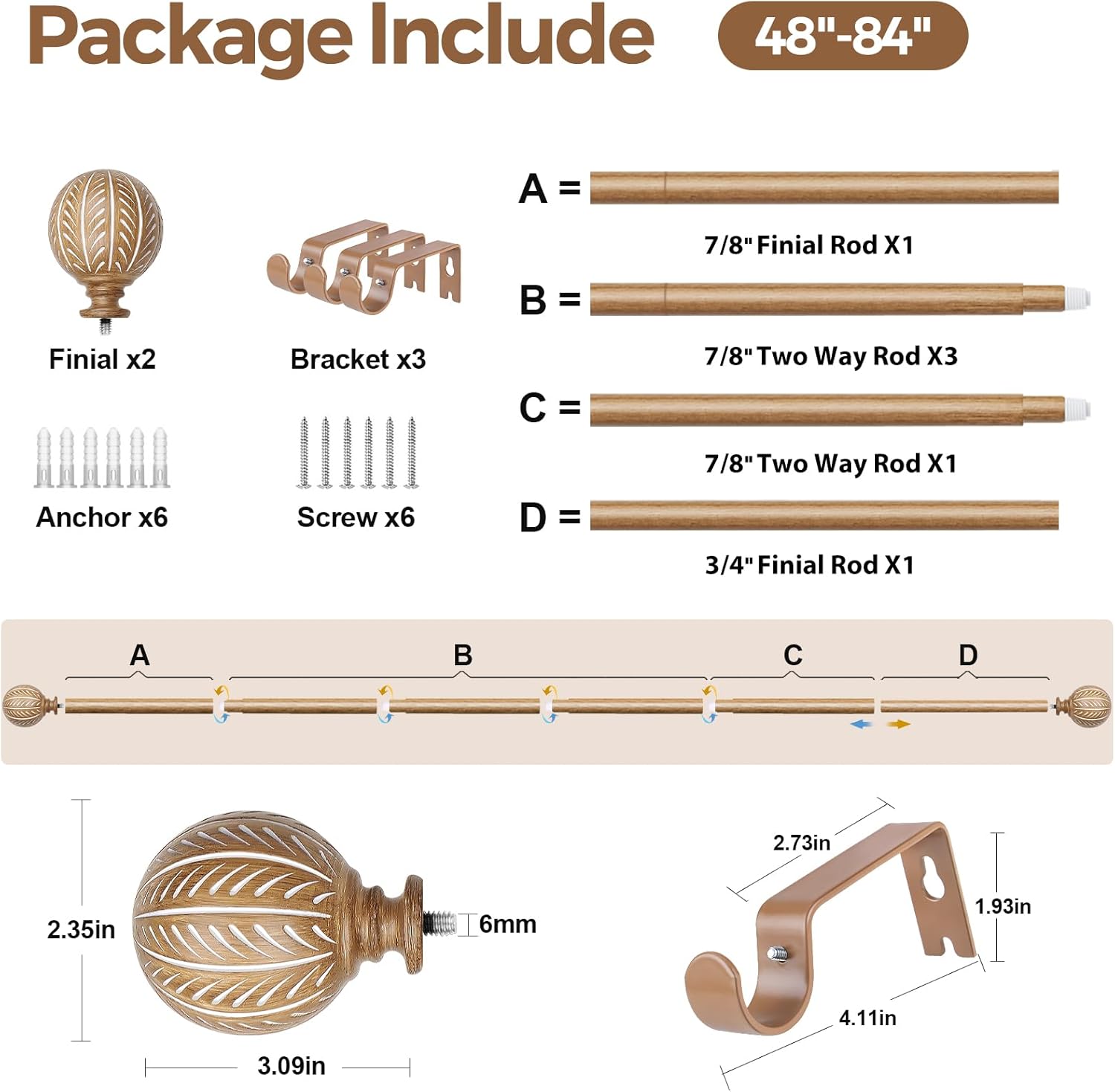 KAMANINA 1 Inch Adjustable Wood Curtain Rods 48-84 Inches
