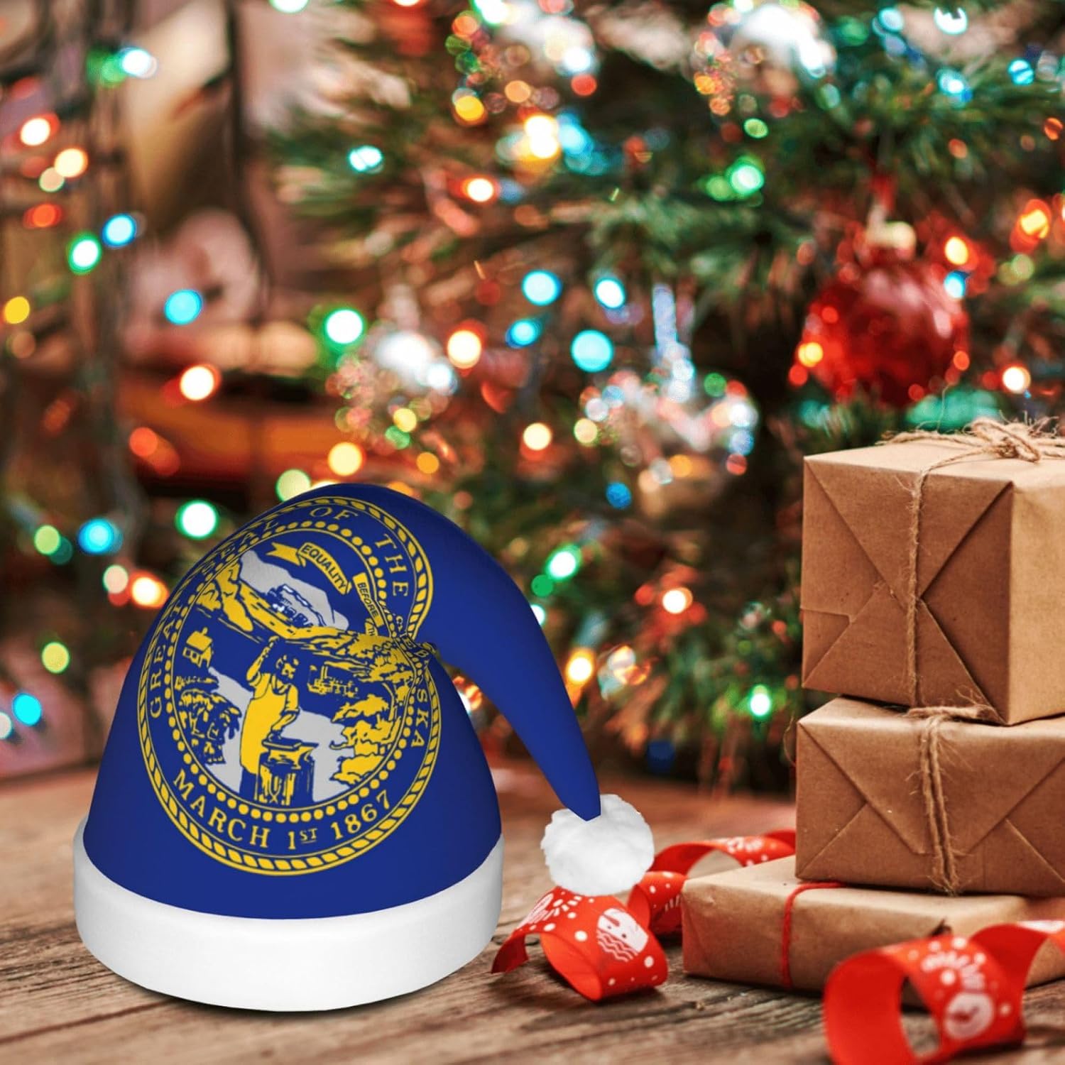 Nebraska Flag Print Christmas Hat with LED Lights