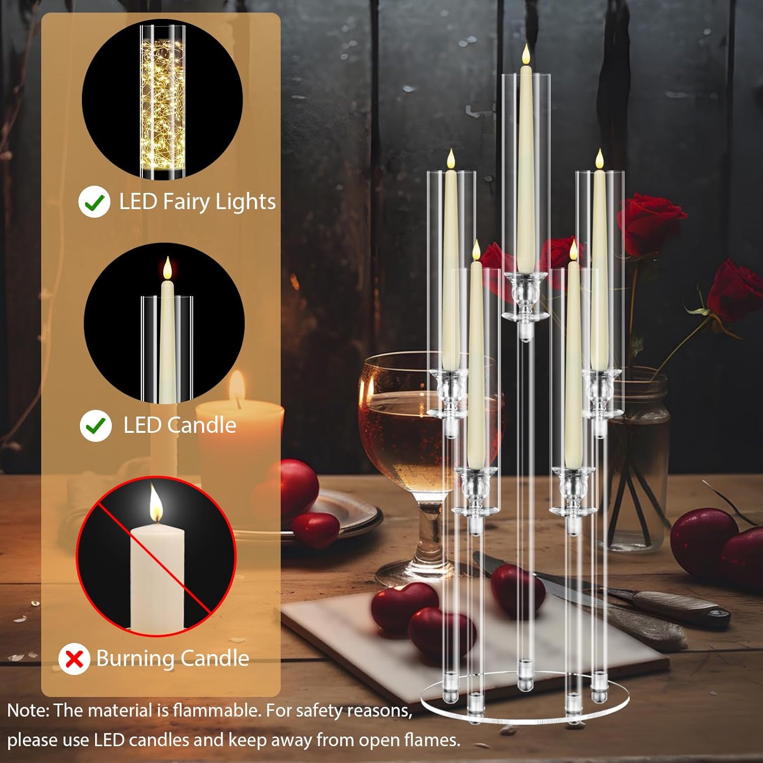2 Sets 5 Arms Acrylic Candelabra Centerpieces with LED Holder