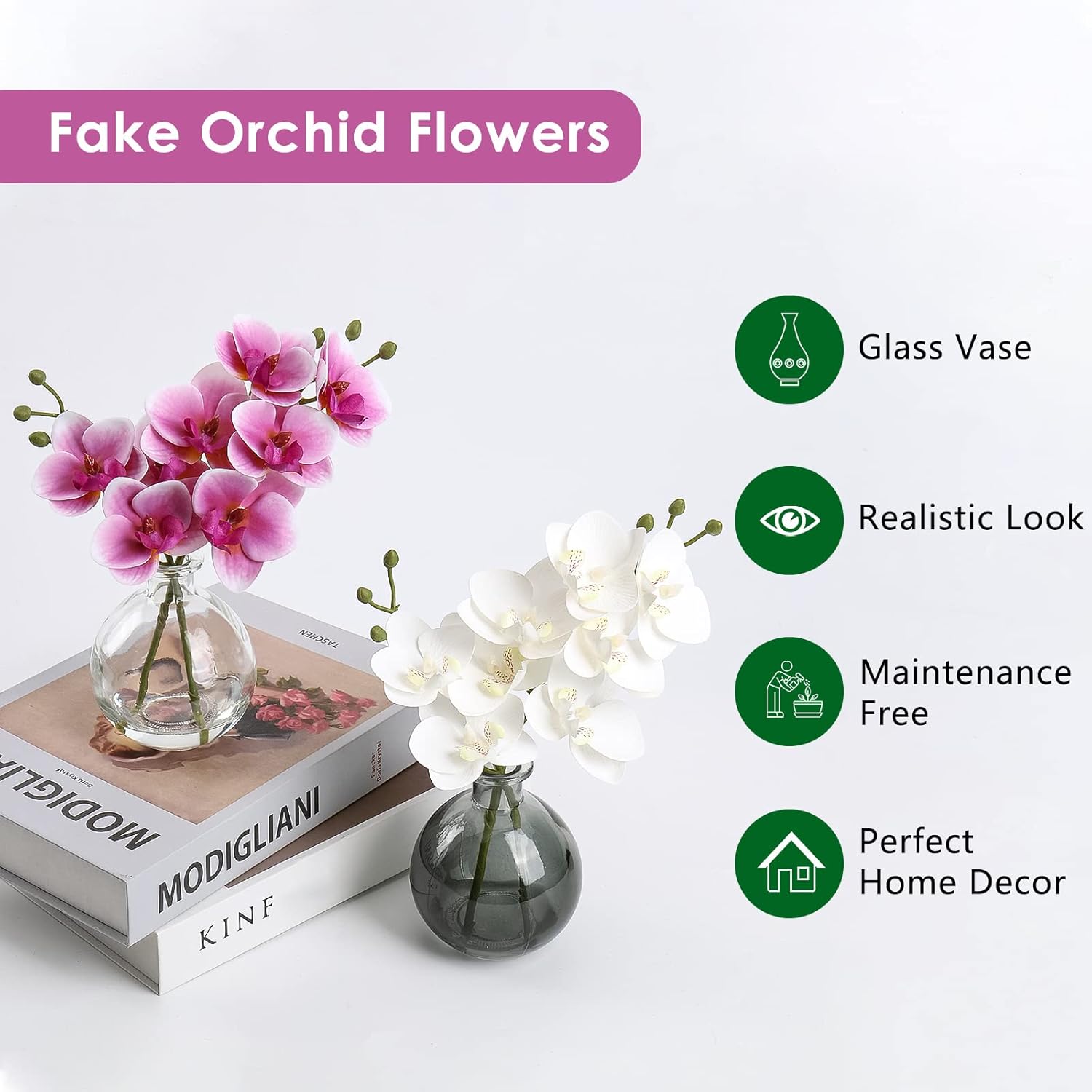 White Orchids Artificial Flower Set of 2 with Black Glass Vase