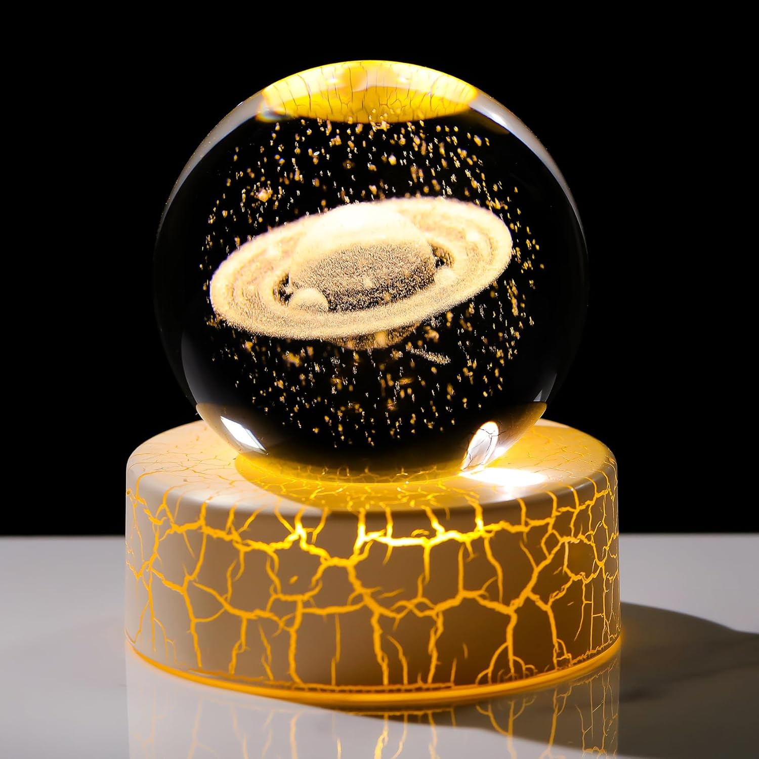 Crystal 3D Saturn Ball Figurine with Warm Light Base