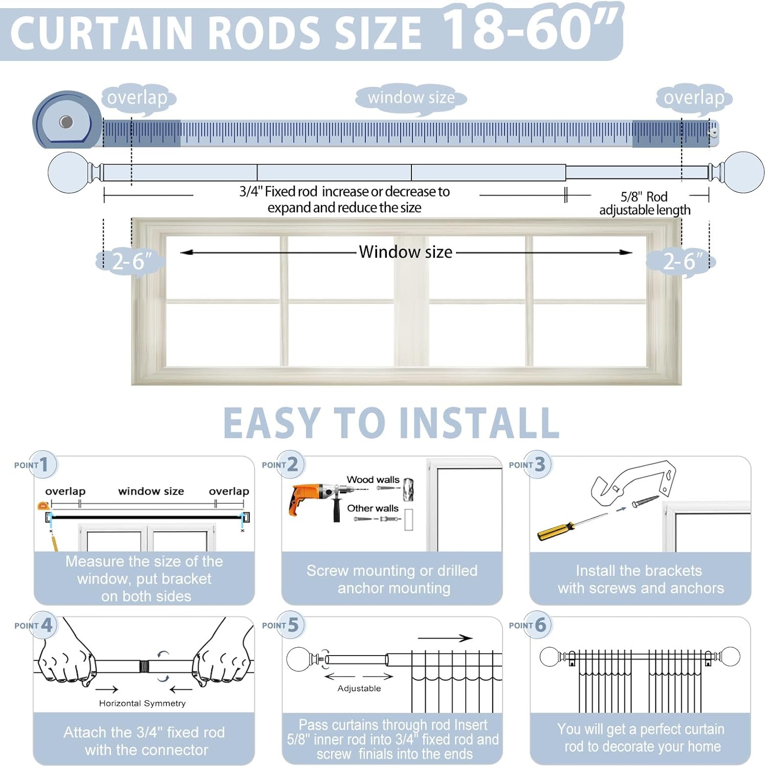 Silver Crystal Curtain Rods 18-60 Inch Adjustable