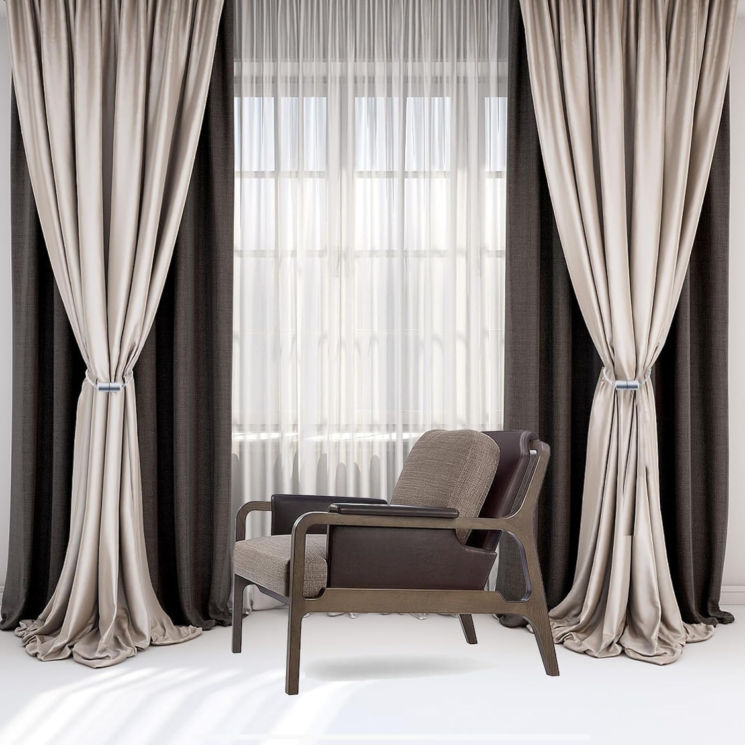 6 Pack Strong Magnetic Curtain Holdbacks with Thick Twist Rope Grey