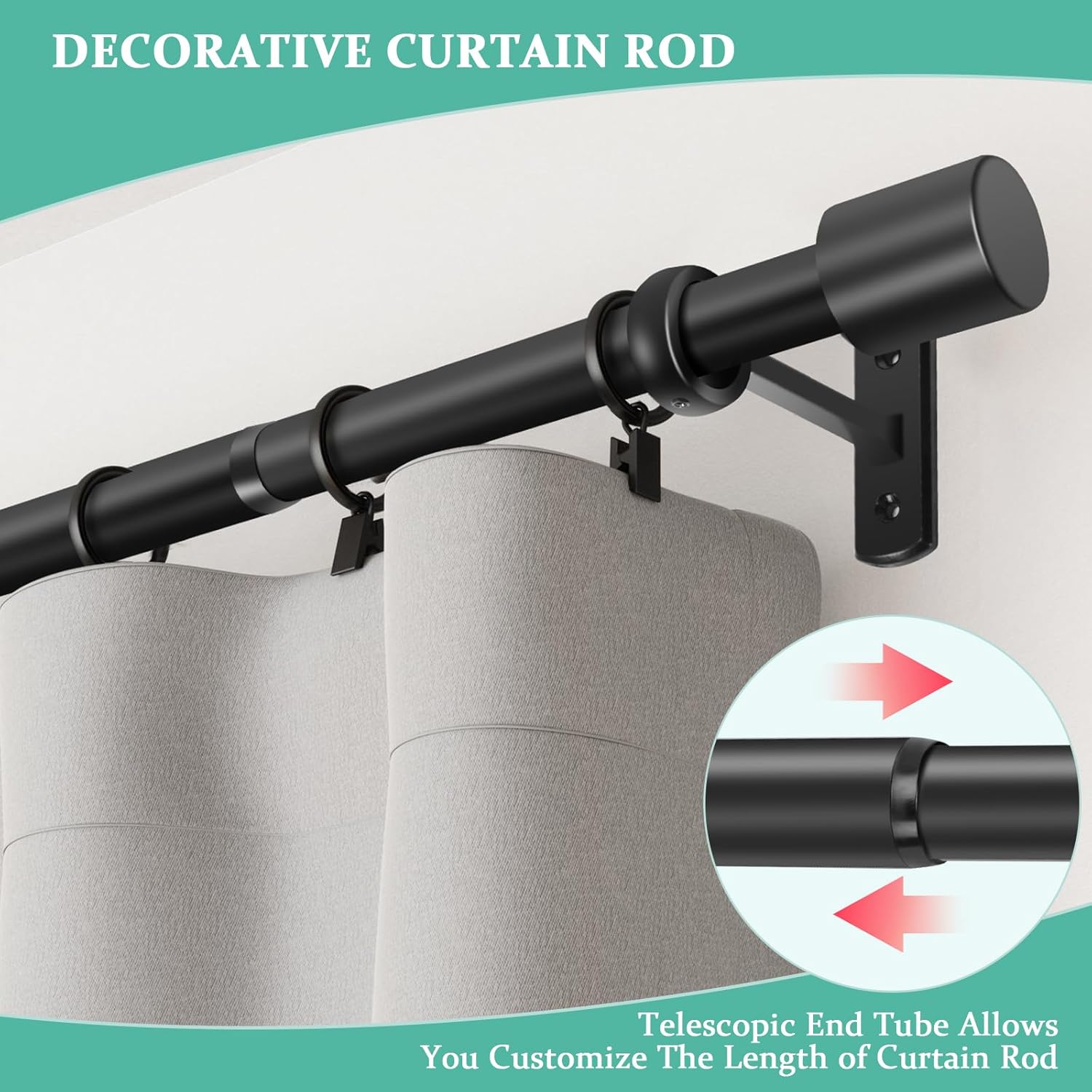 Adjustable 1 Inch Black Curtain Rod for Windows 72-144 Inches