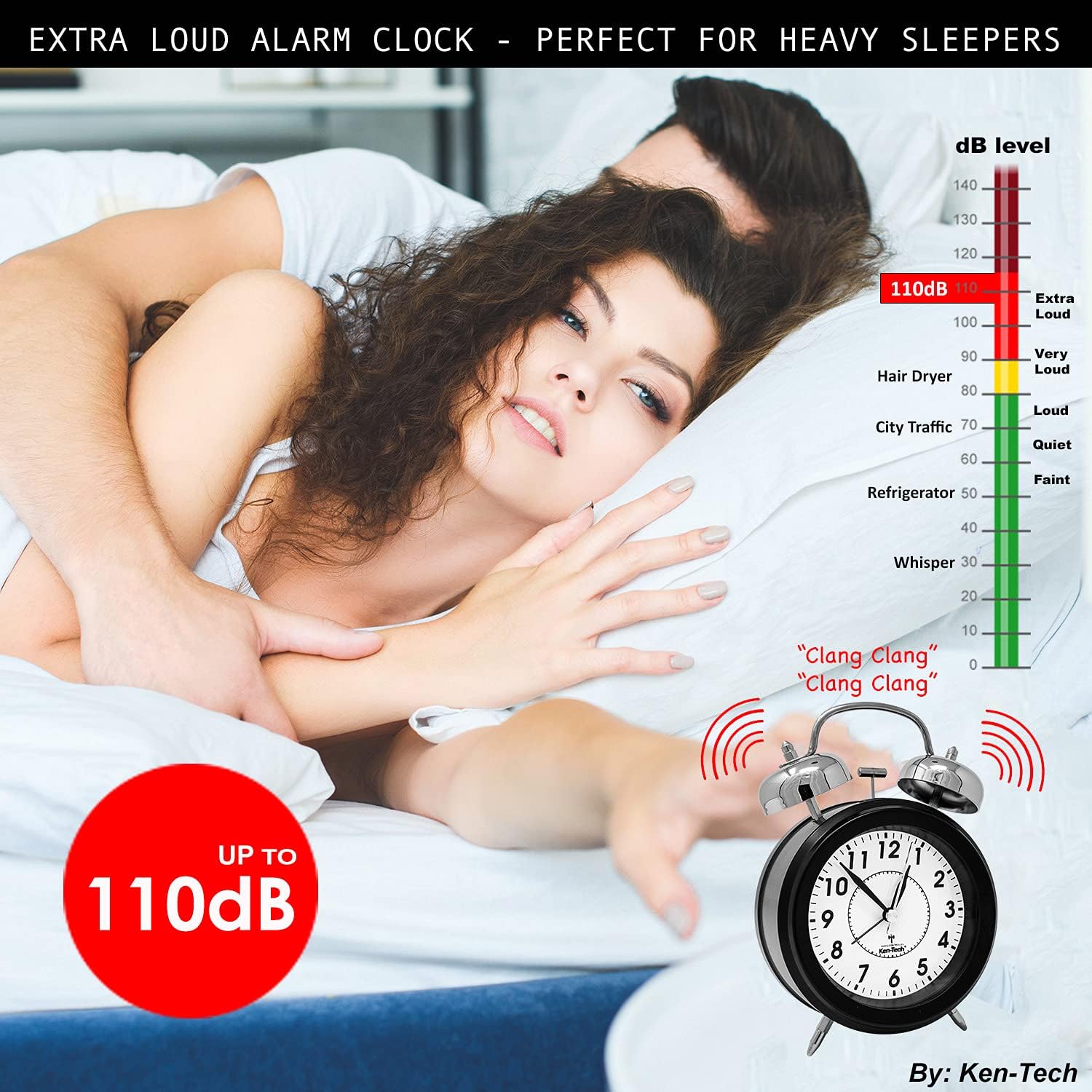 Sonnet Twin Bell Alarm Clock - Very Loud 100dB Battery Operated Blue Backlight Black