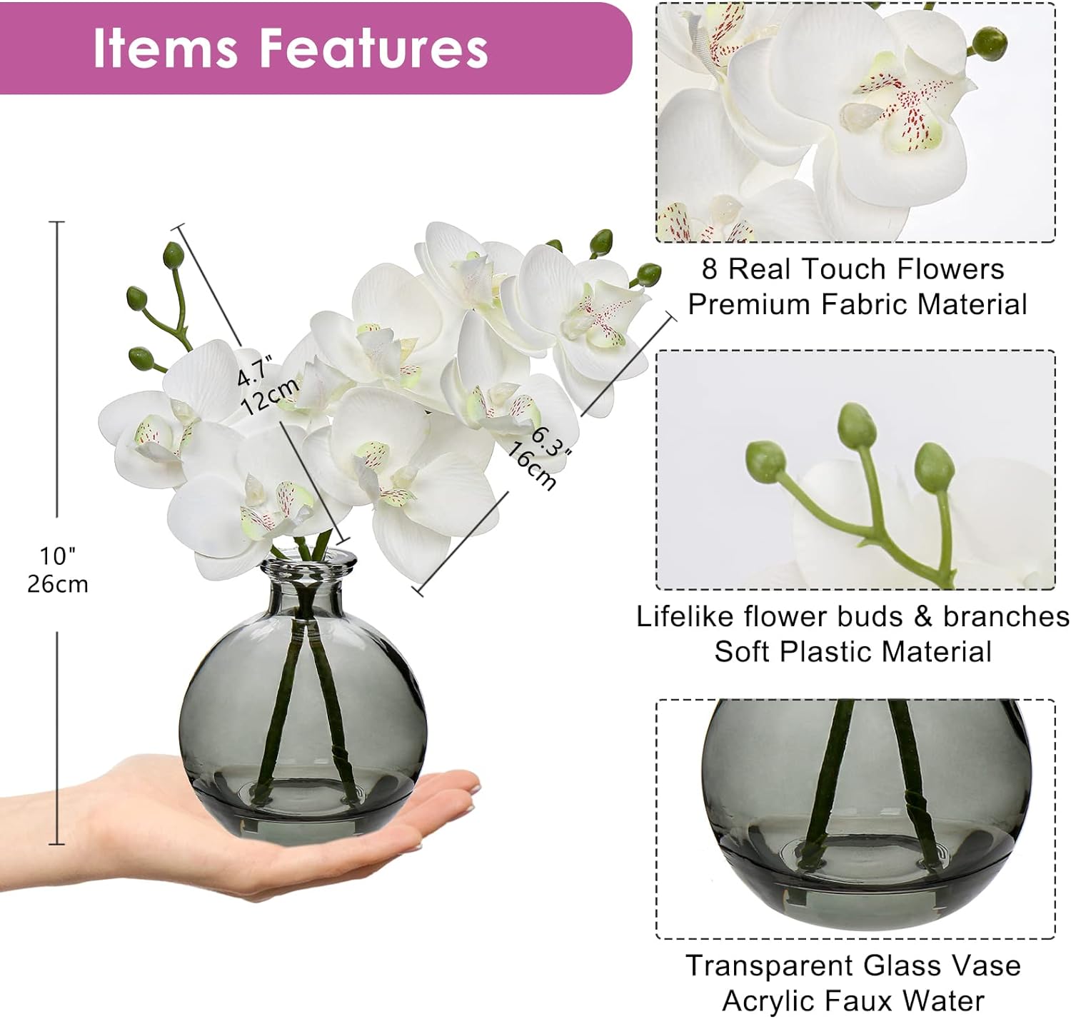 White Orchids Artificial Flower Set of 2 with Black Glass Vase