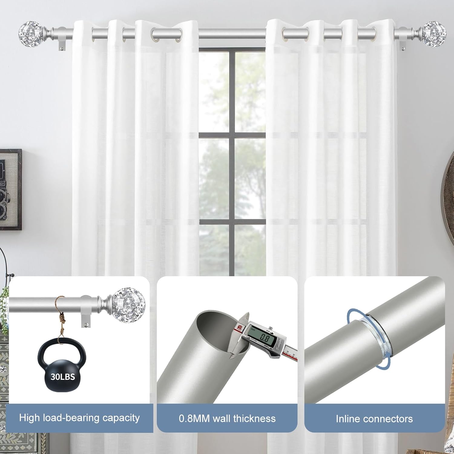 Silver Crystal Curtain Rods 18-60 Inch Adjustable