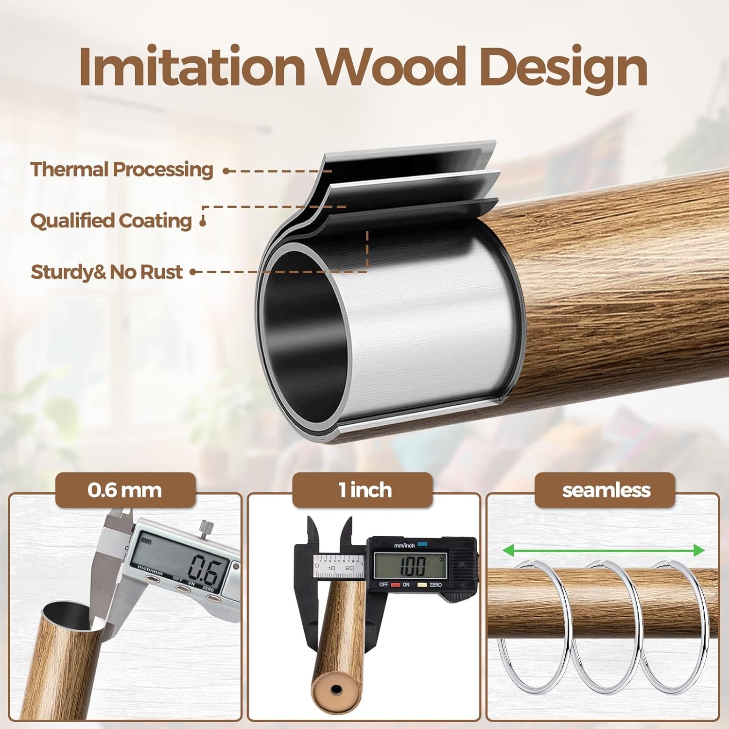 KAMANINA 1 Inch Adjustable Wood Curtain Rods 48-84 Inches