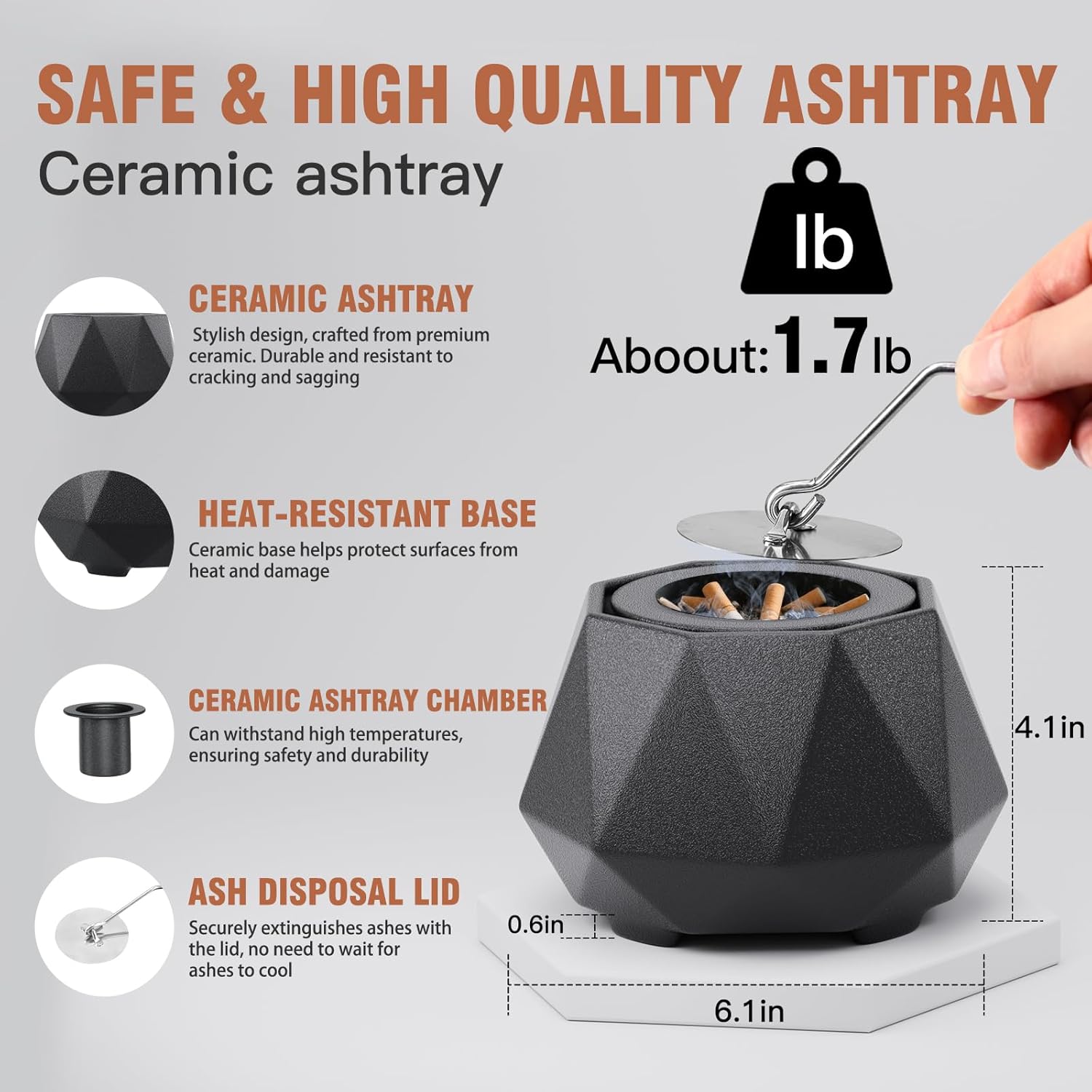 Wewow Ceramic Ashtray with Lid for Home and Outdoor Use