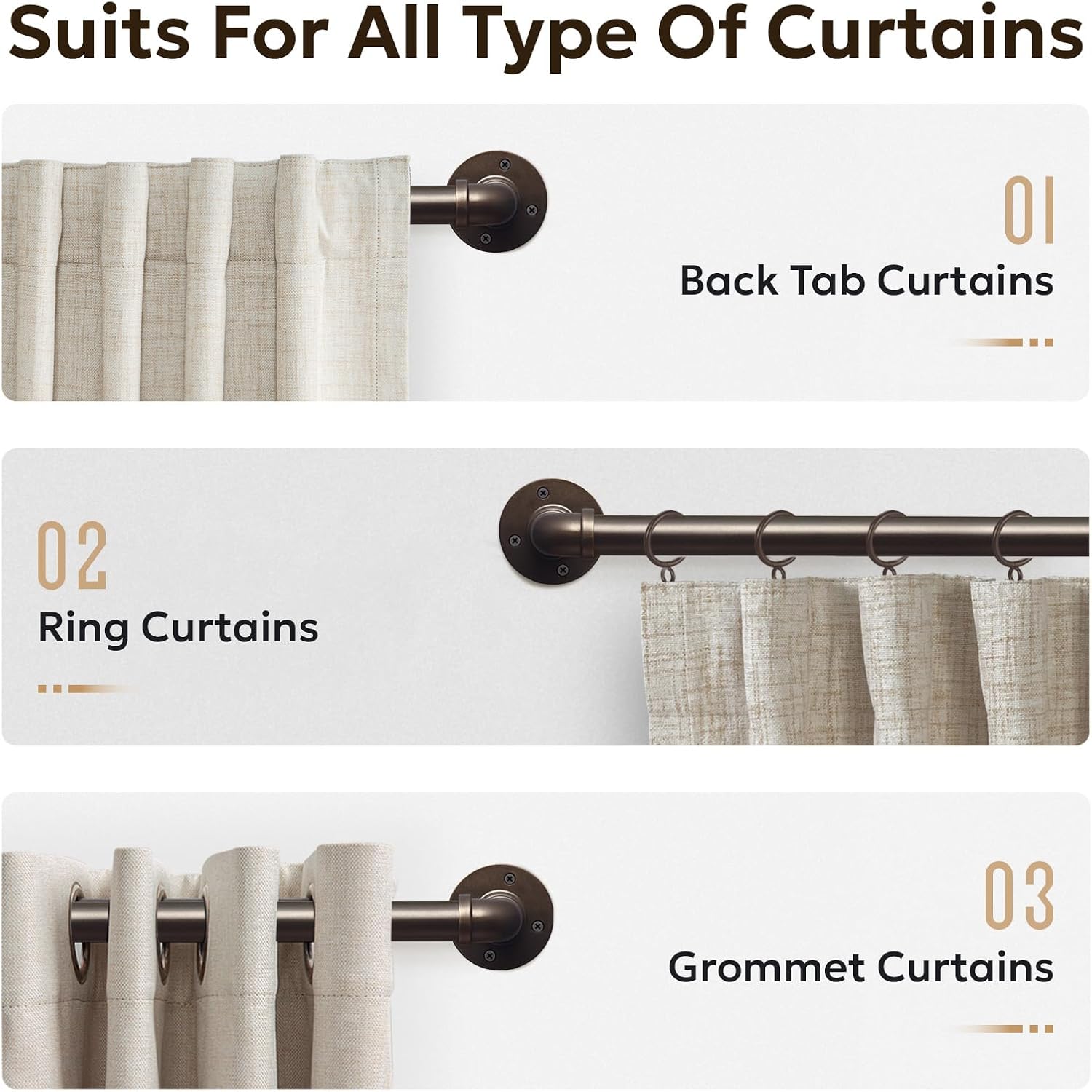 Zeerobee 1 Inch Antique Bronze Curtain Rods 32-48 Inches