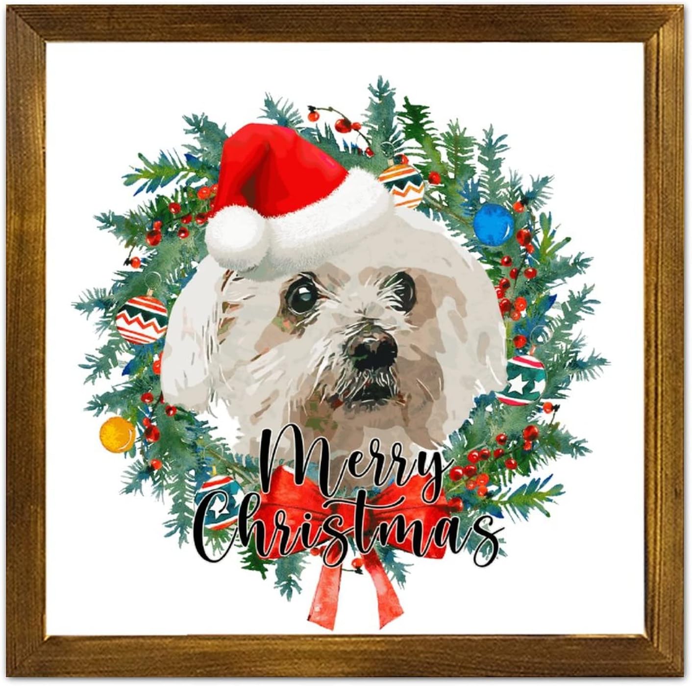 Merry Christmas Dog with Hat Wreath Wall Sign