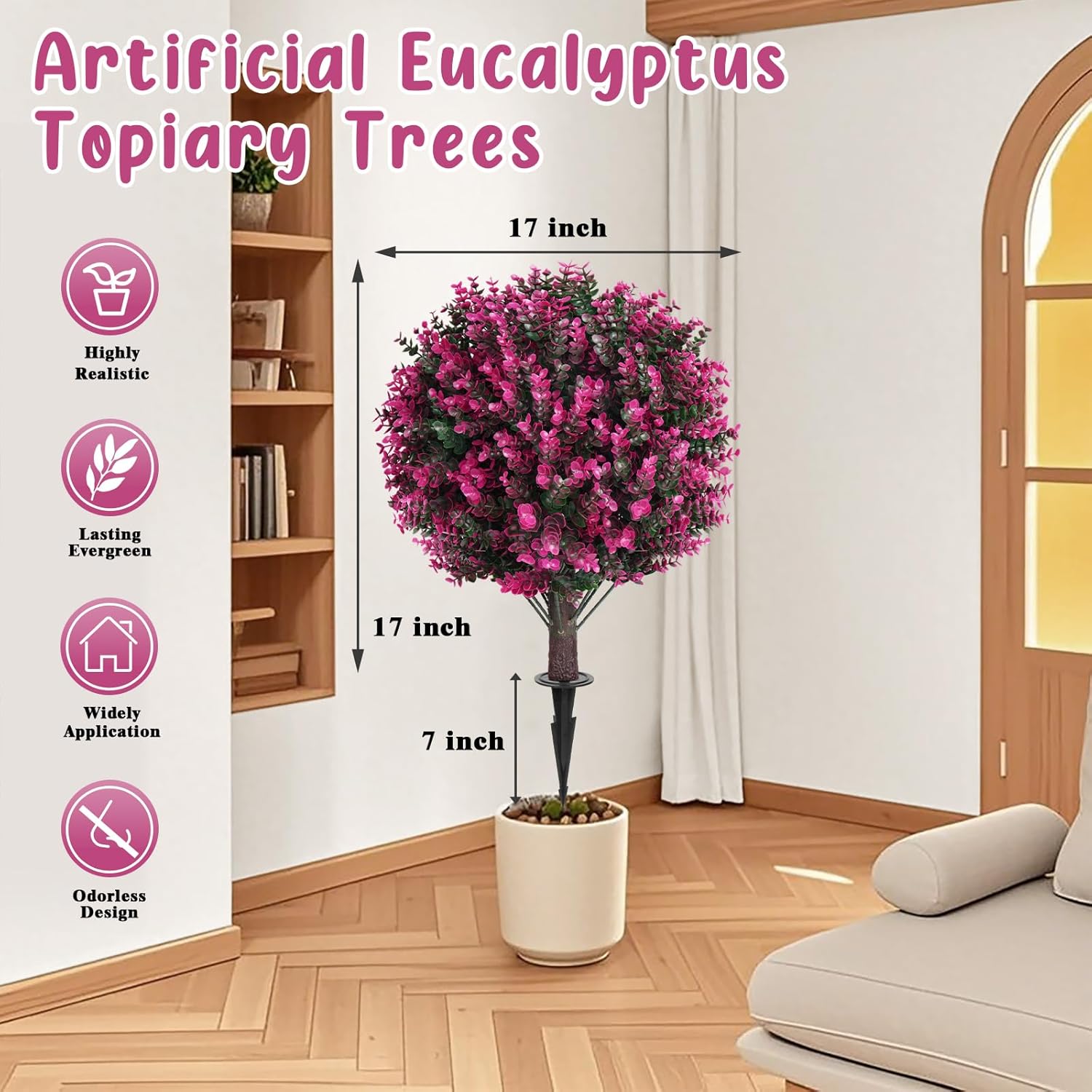Artificial Topiary Trees with Pink Eucalyptus Set of 2