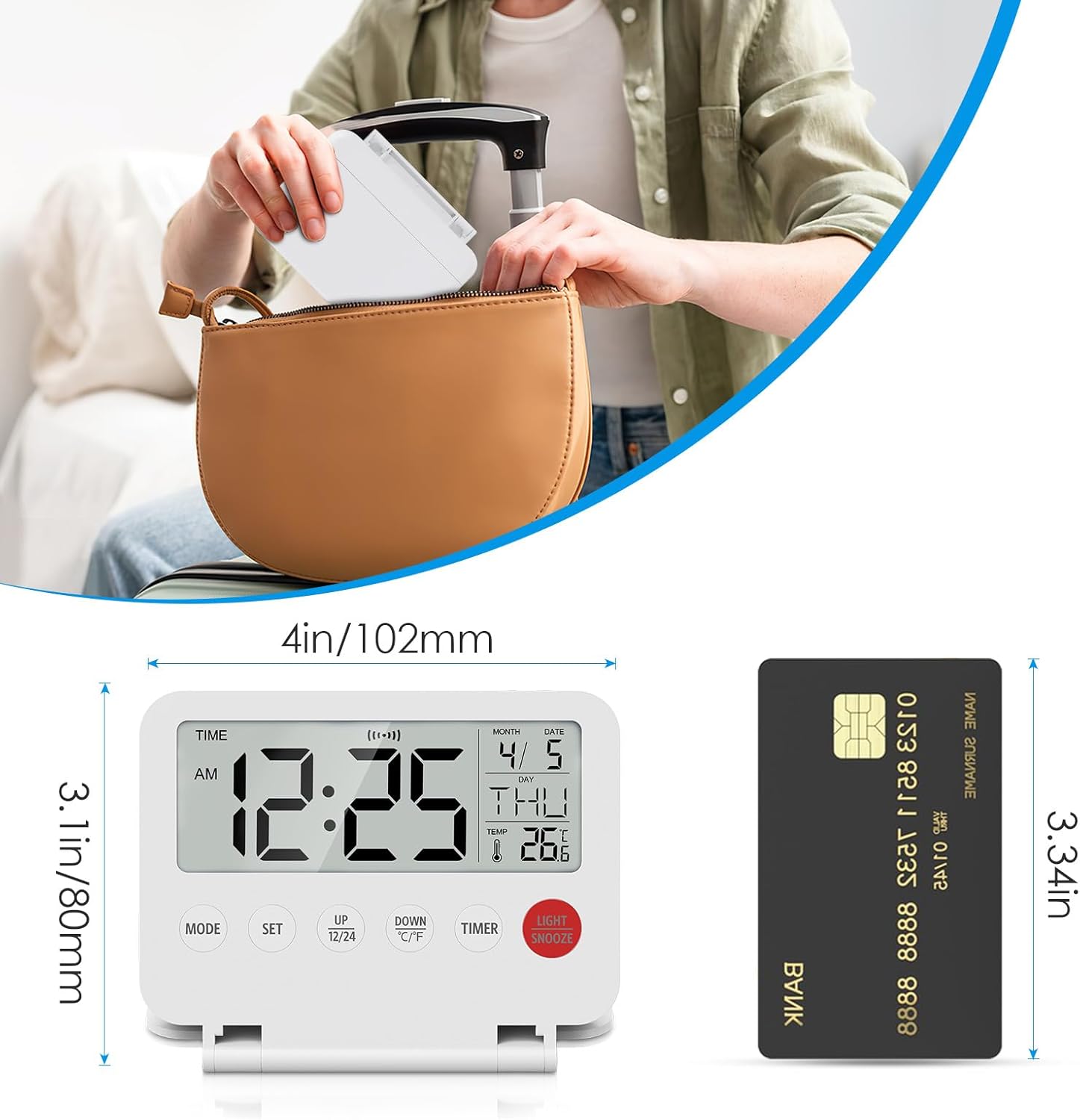 AMIR Travel Alarm Clock with Snooze and Calendar