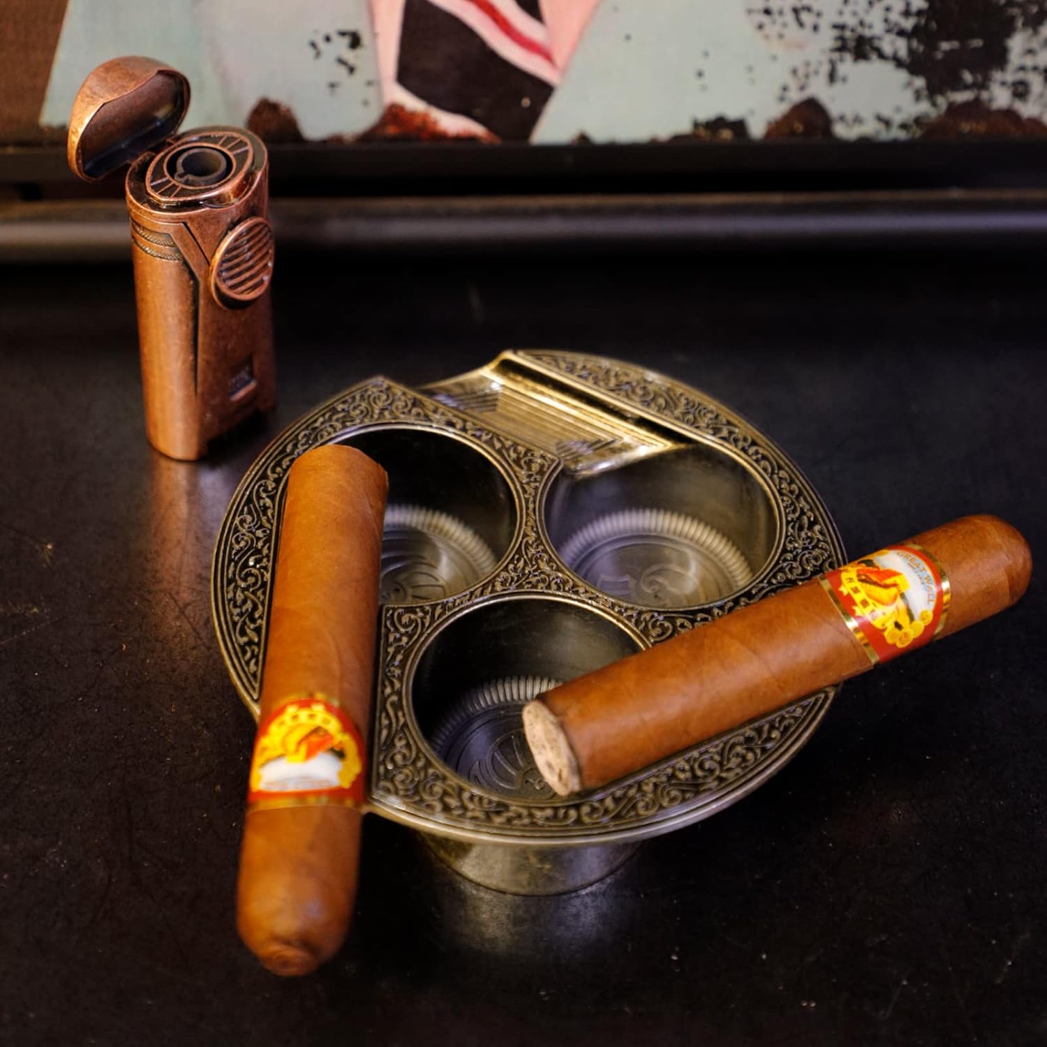 GUEVARA 3 Holder Gold Cigar Ashtray for Home and Patio