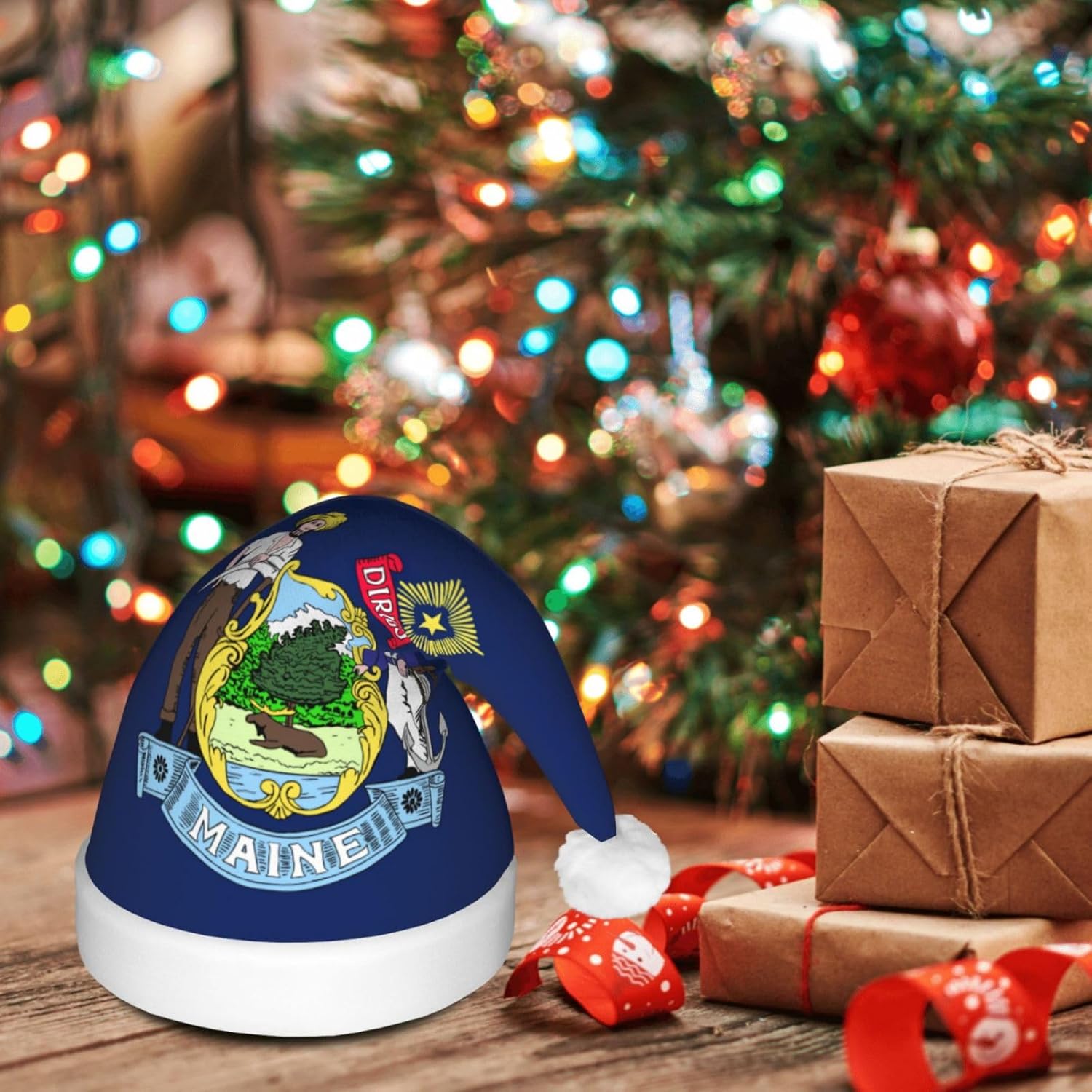 Maine State Flag Christmas Hat with LED Lights