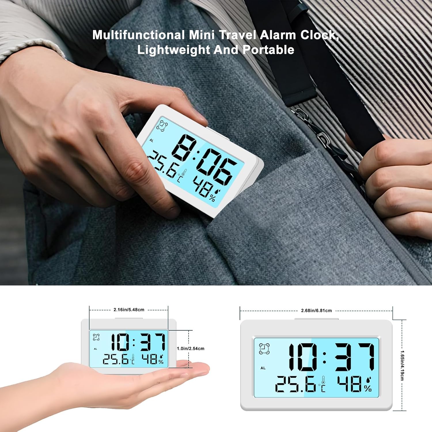 27 Inch Ultra Mini Travel Alarm Clock with Temperature Humidity Display
