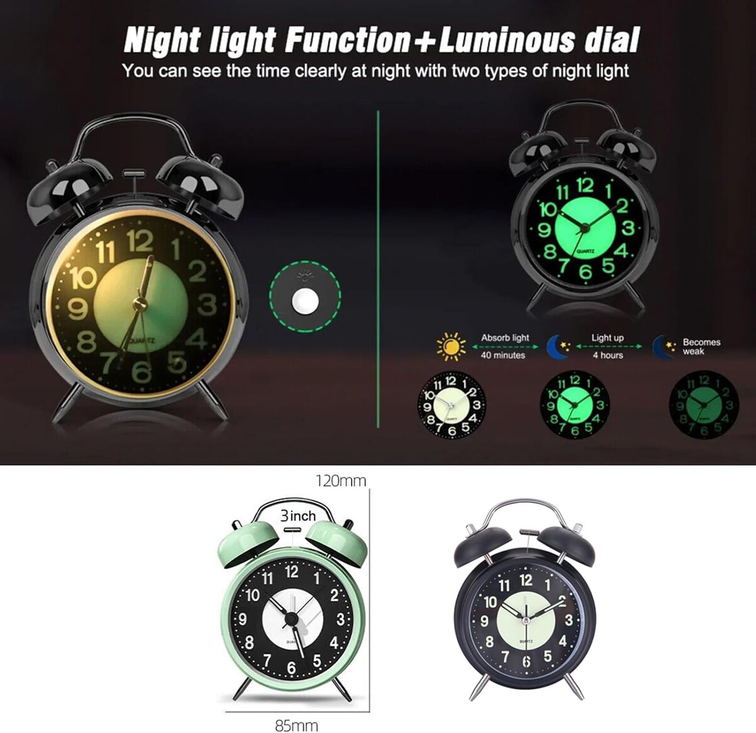 Retro Metal Double Bell Alarm Clock with Night Light