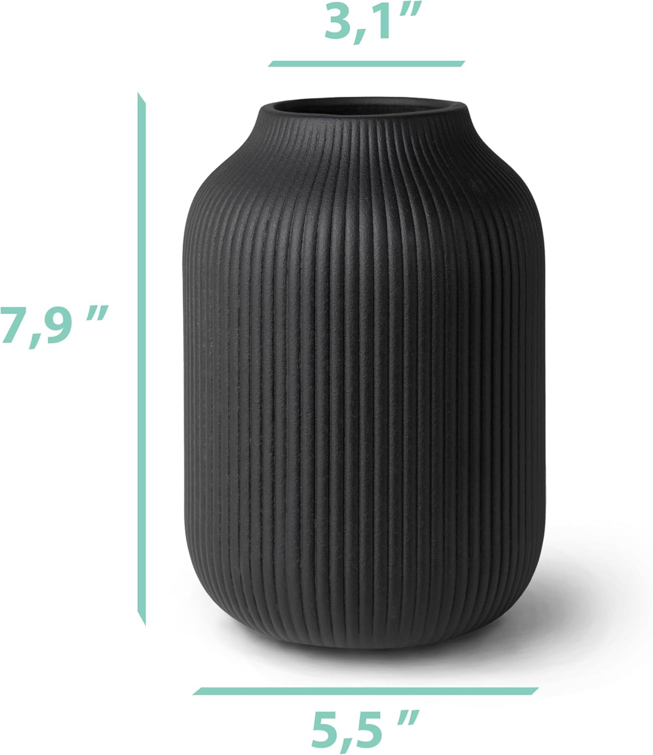 Flature Ceramic Vase with Grooves - Matte Black 20cm