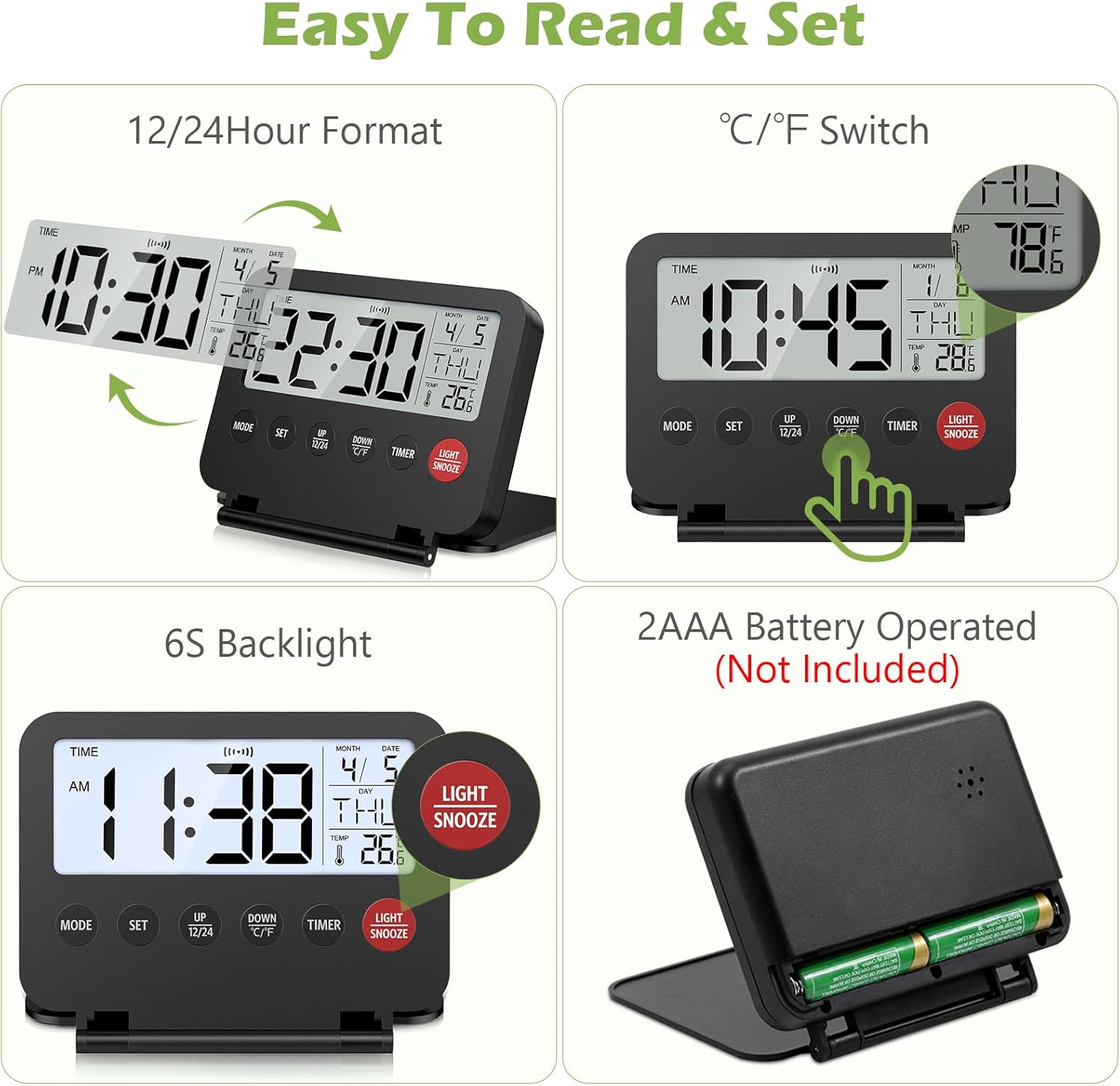 KeeKit Digital Travel Alarm Clock with Date and Temperature