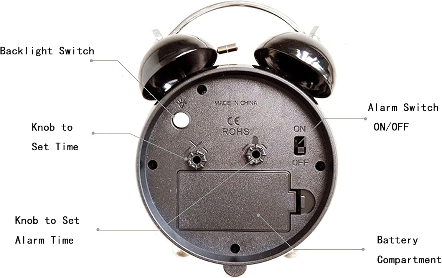 4 Inch Twin Bell Alarm Clock with Backlight and No Ticking