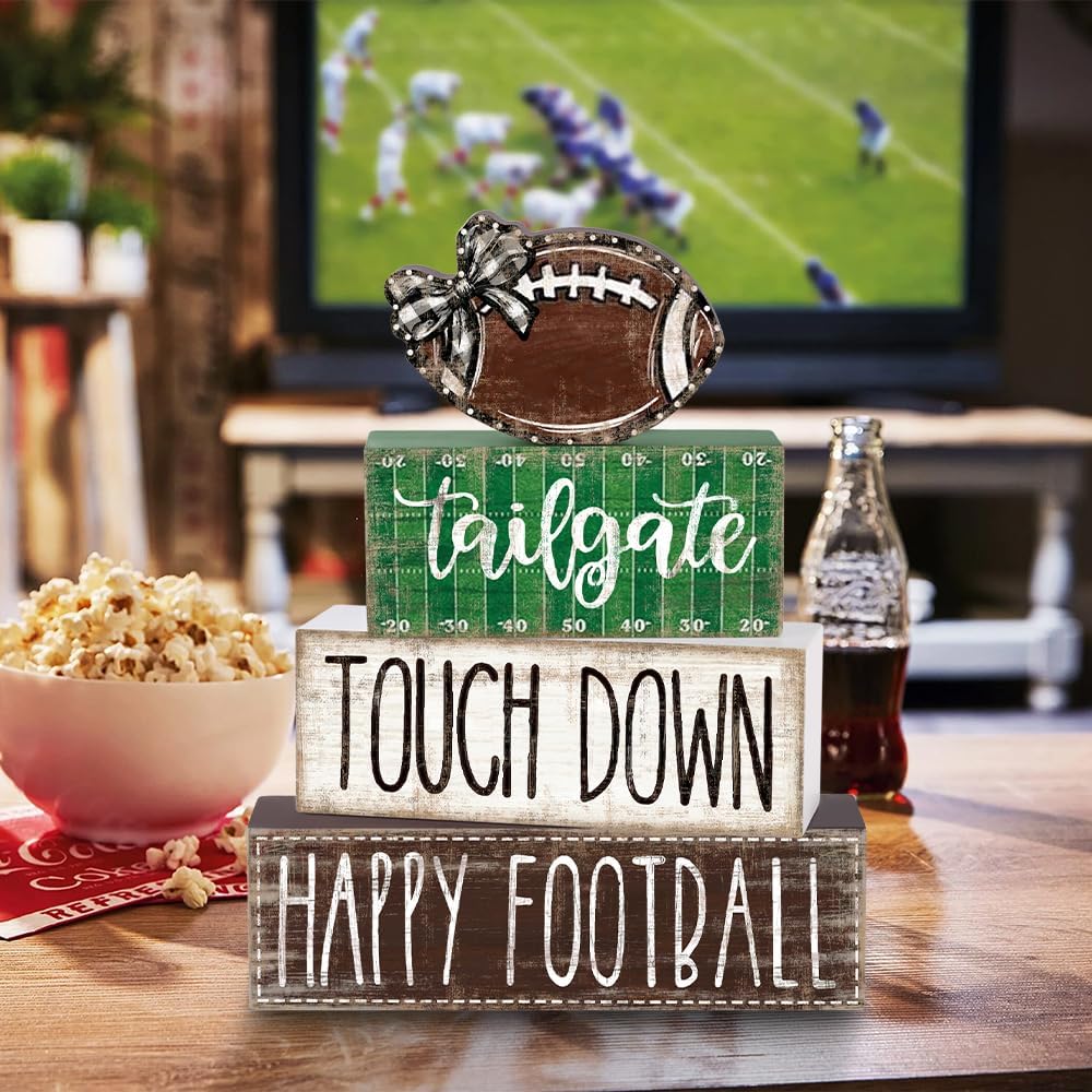 4Pcs Football Wooden Block Sign Fall Decor Centerpiece