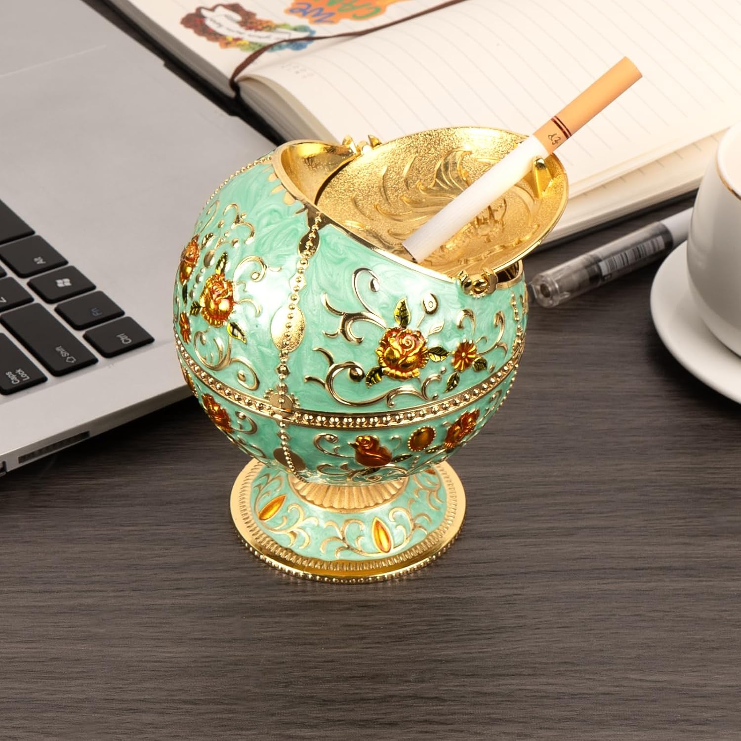 Dragon Ashtray with Lid - Teal Gold Zinc Alloy