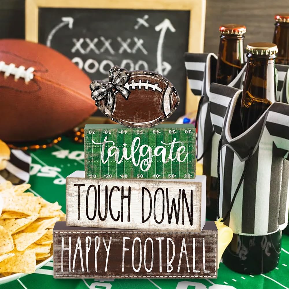 4Pcs Football Wooden Block Sign Fall Decor Centerpiece