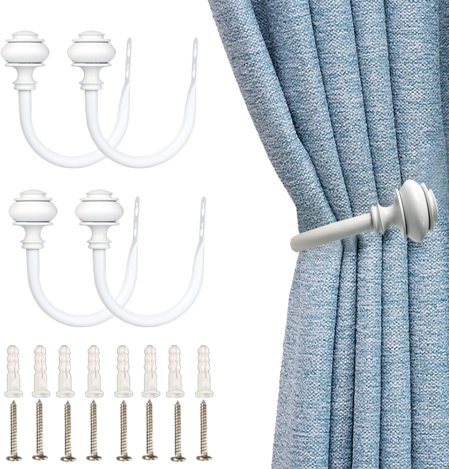 4Pcs Curtain Holdbacks - White Wall Mounted Drapery Tiebacks with Screws