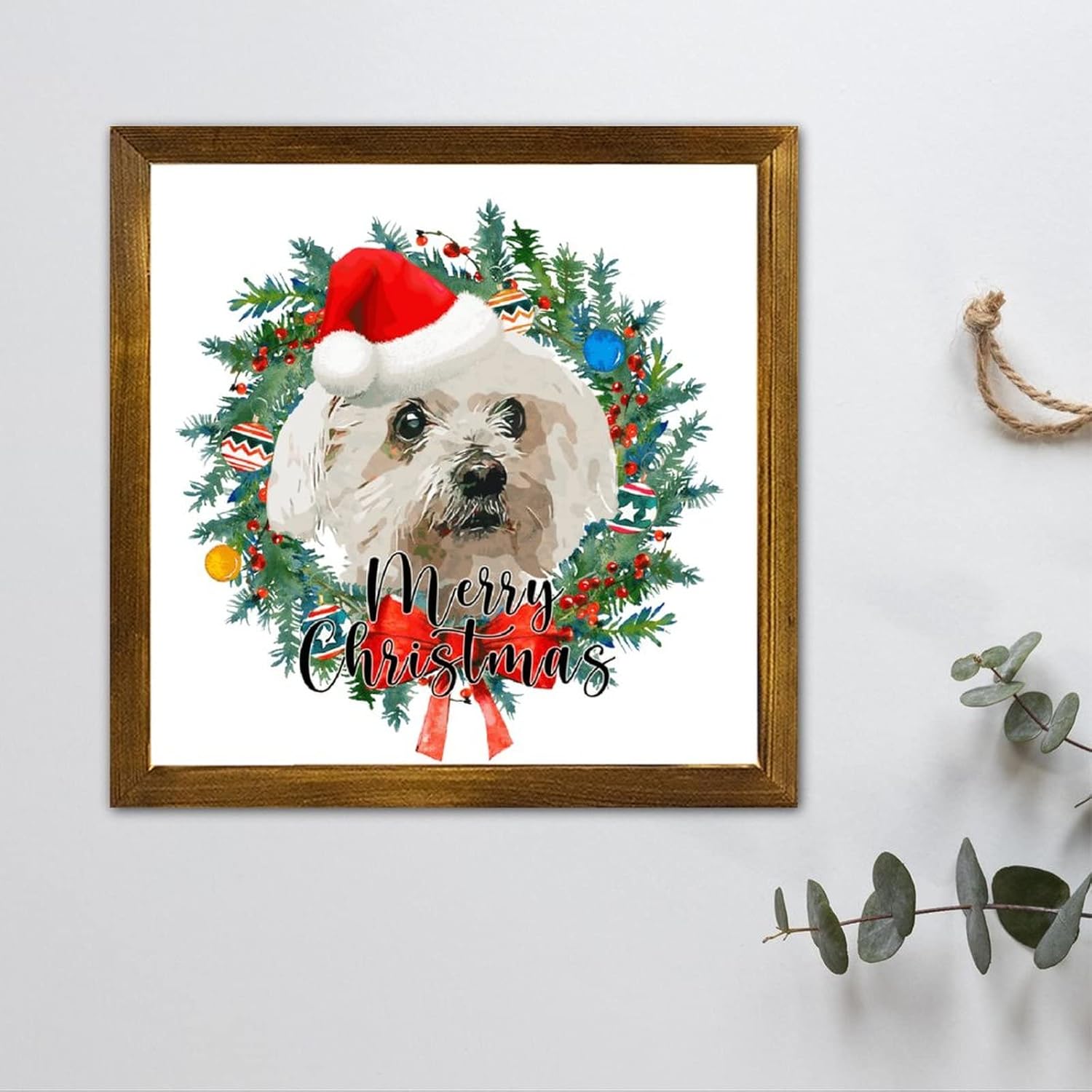 Merry Christmas Dog with Hat Wreath Wall Sign