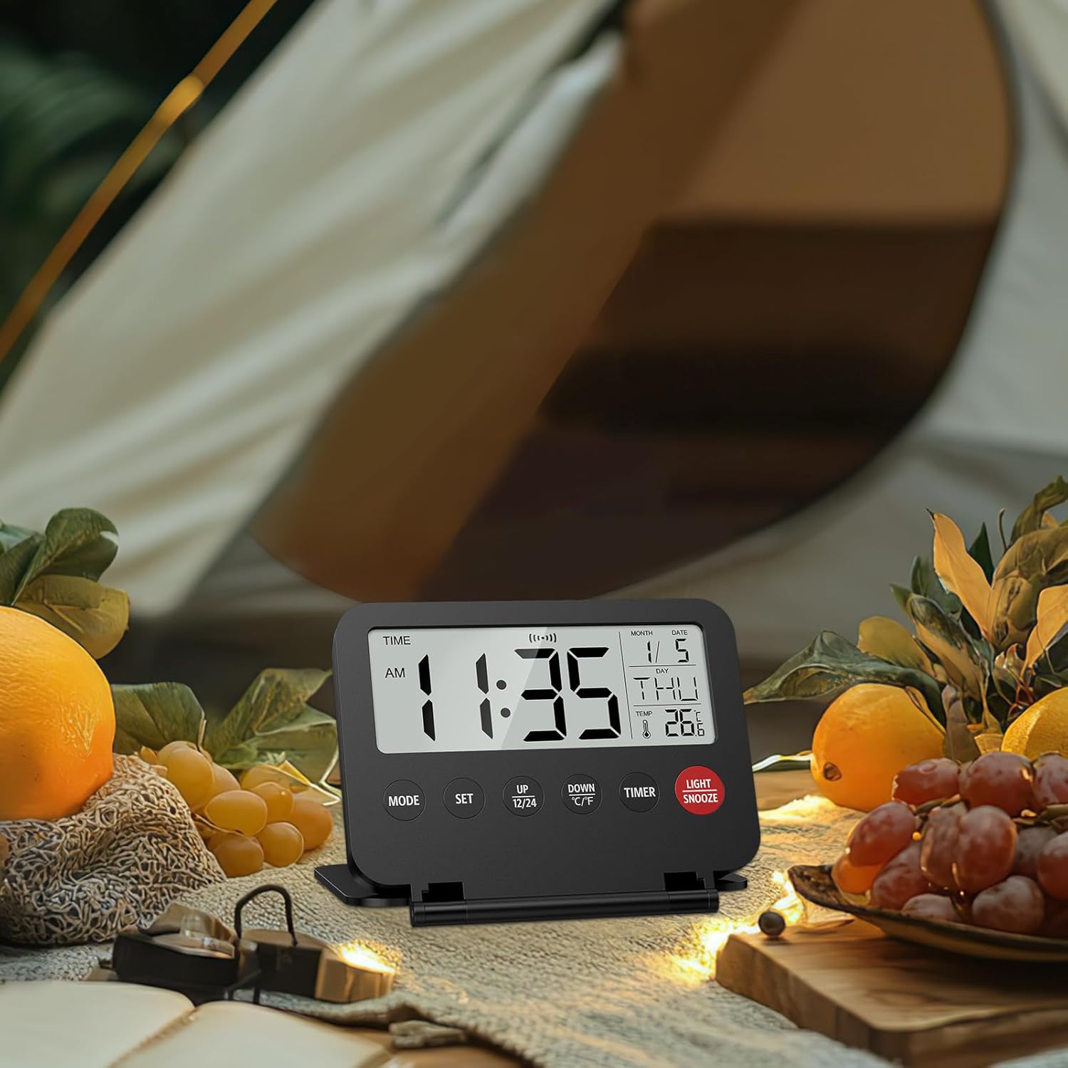 Olipiter Small Foldable Digital Travel Alarm Clock with Calendar and Temperature