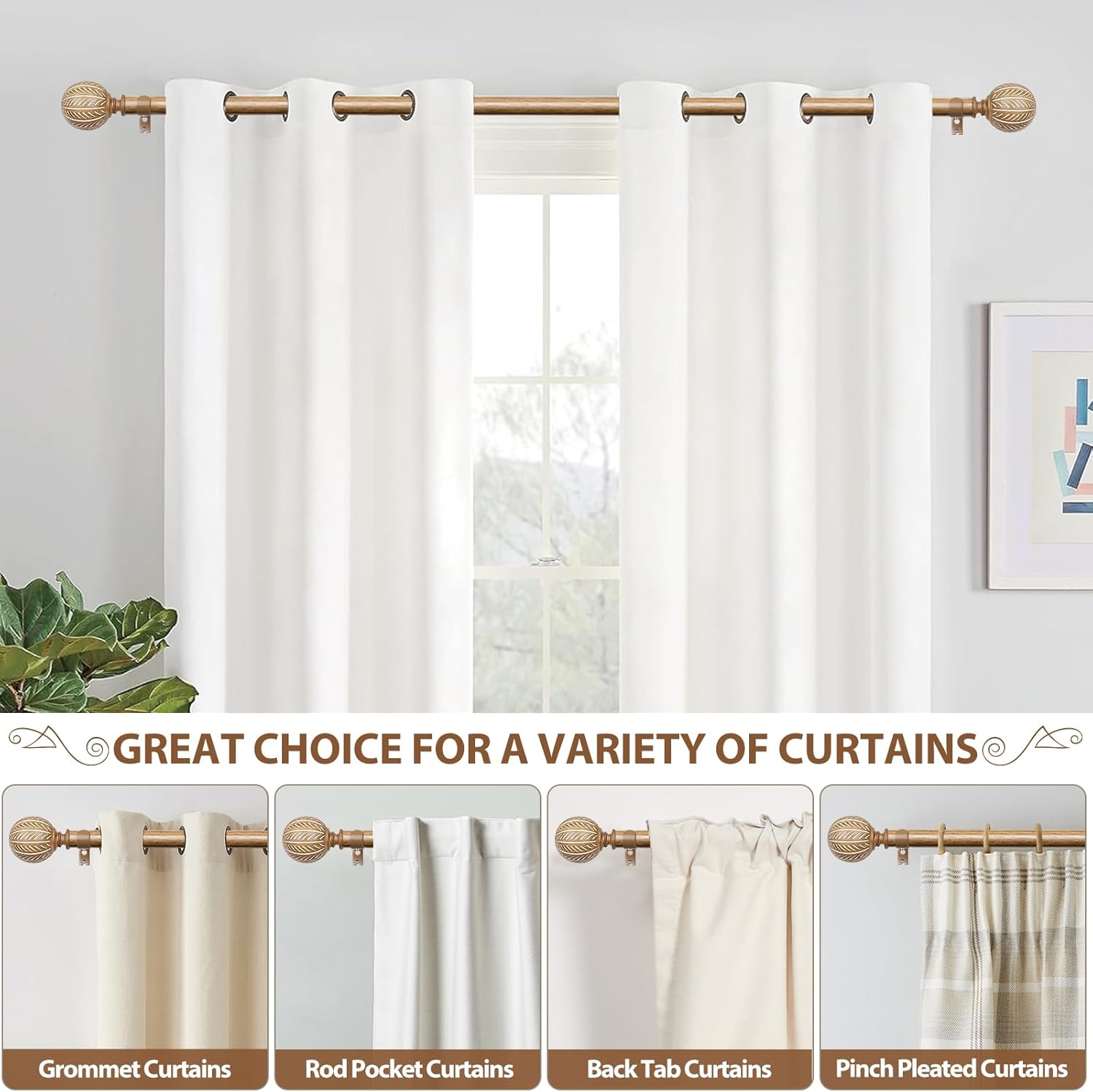 KAMANINA 1 Inch Adjustable Wood Curtain Rods 48-84 Inches