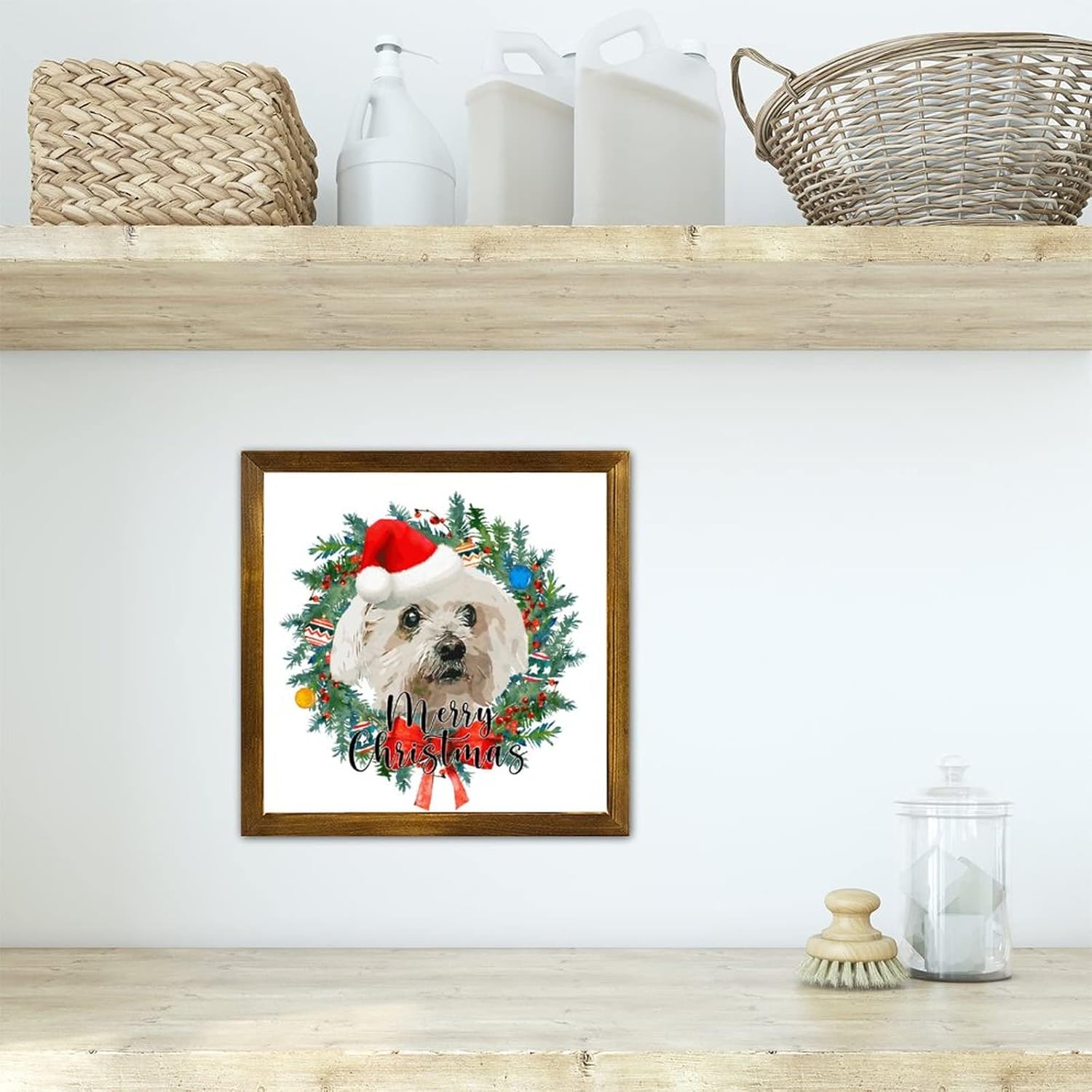 Merry Christmas Dog with Hat Wreath Wall Sign