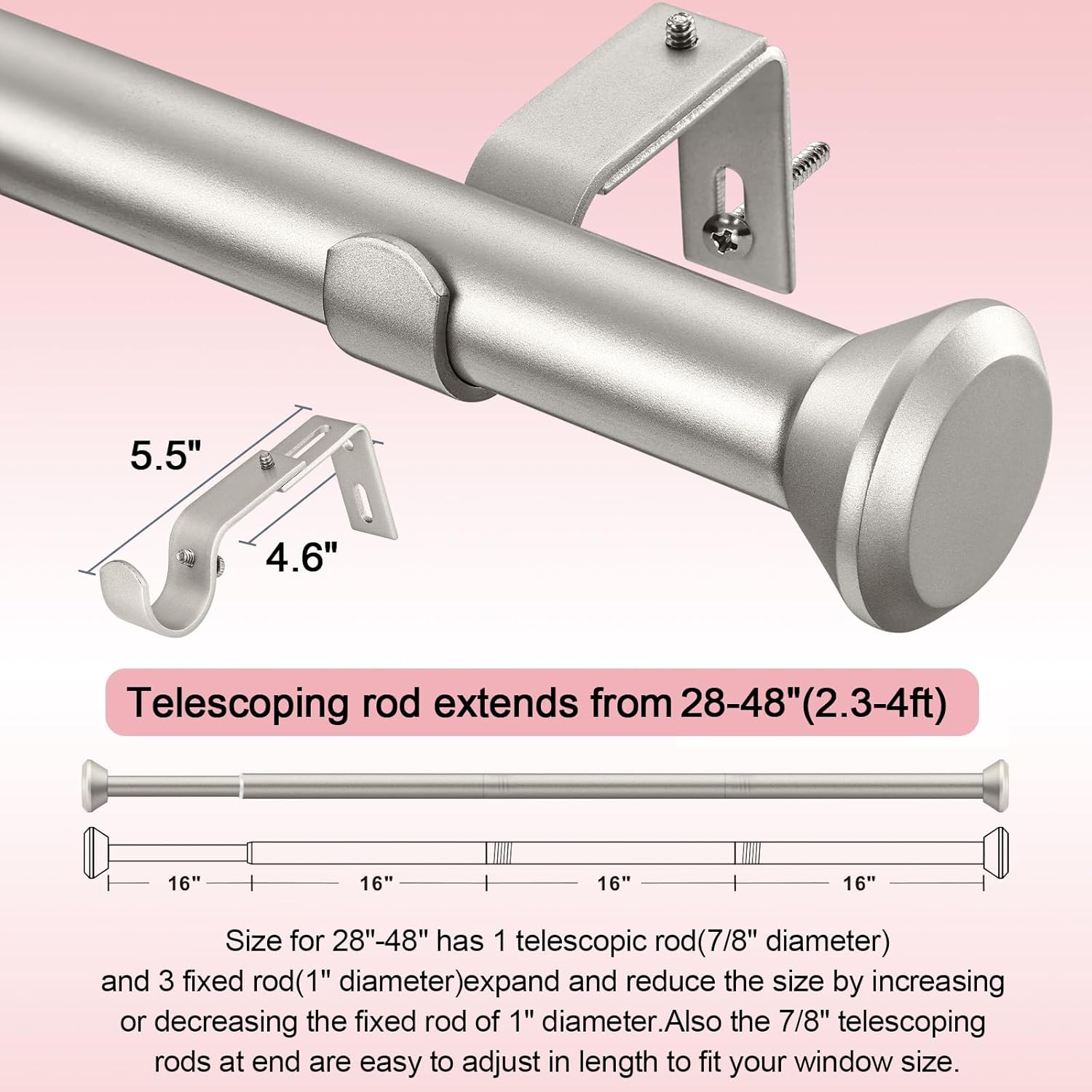 Heavy Duty Curtain Rods 28-48 Inches Silver Adjustable with Diamond Finials