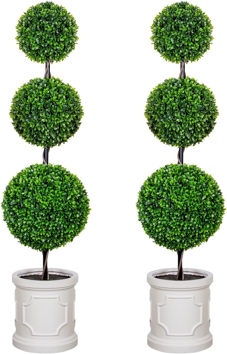 VIVATREES 3FT Artificial Triple Ball Topiary Set of 2 with Planter Pot