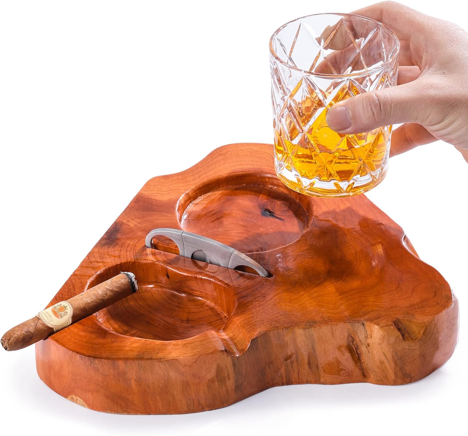 Wooden Cigar Ashtray with Whiskey Glass and Cutter Holder