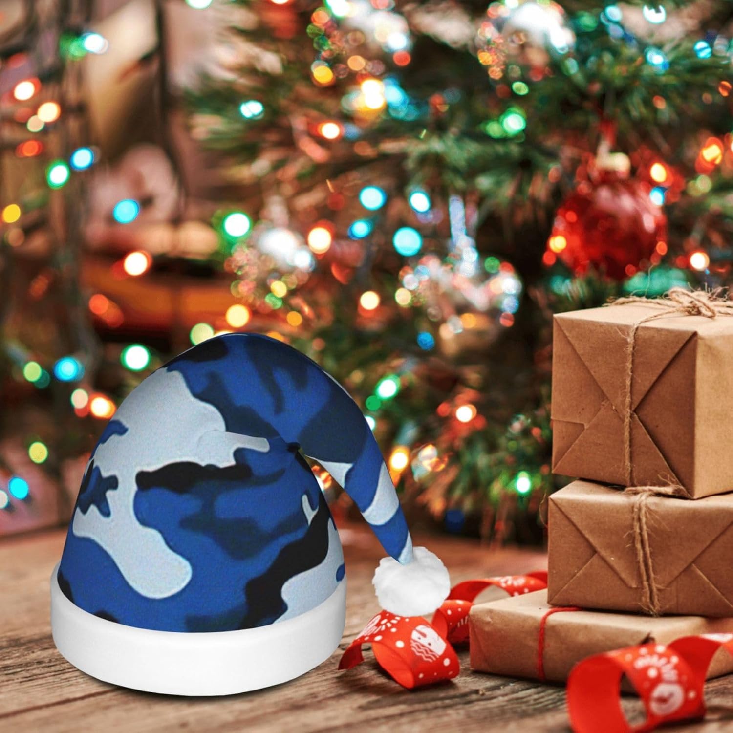 Blue Camo Print LED Christmas Hat for Adults