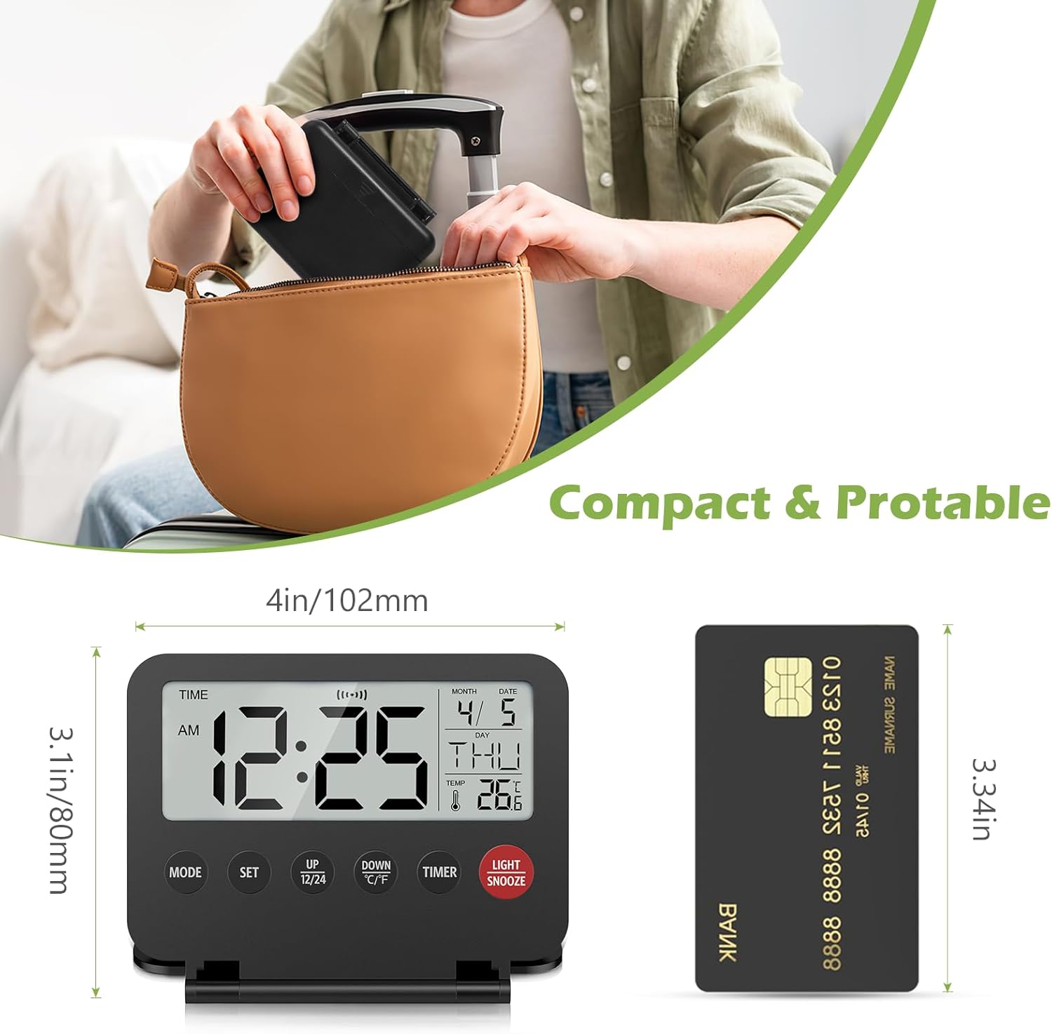 KeeKit Digital Travel Alarm Clock with Date and Temperature