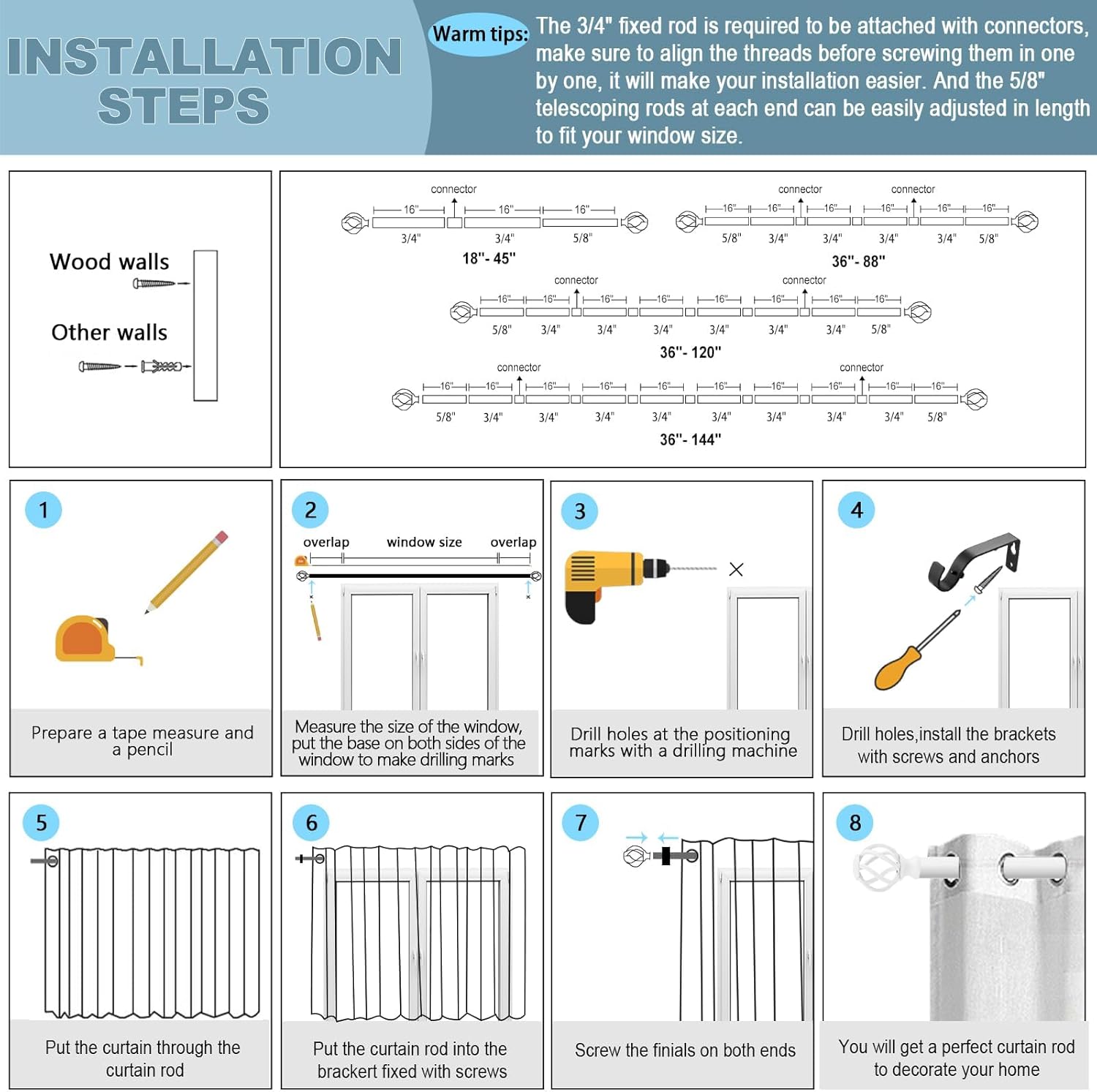 VOIIY 36-72 Inch White Curtain Rod Set with Twisted Finials