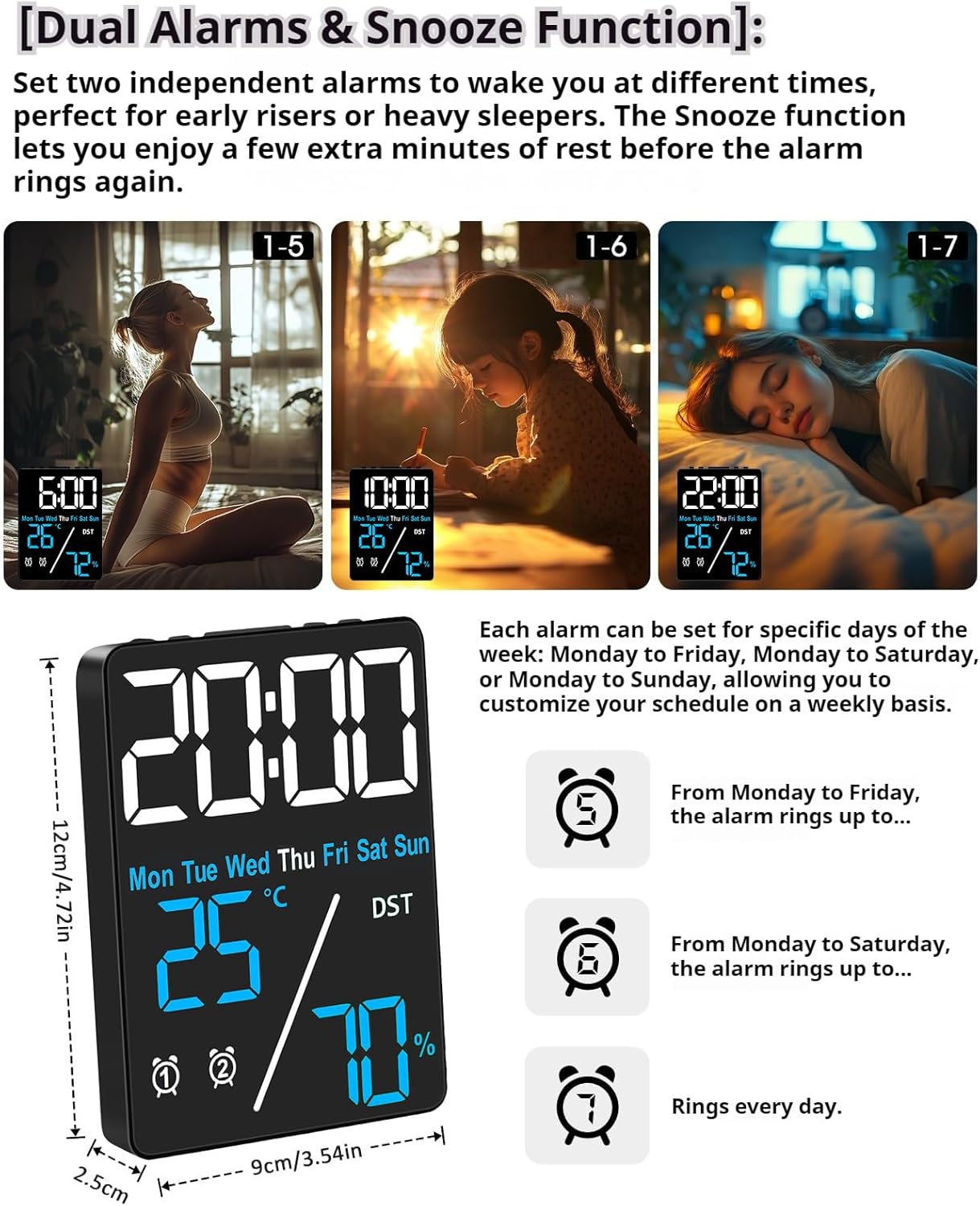 Digital LED Alarm Clock with Thermometer and Hygrometer
