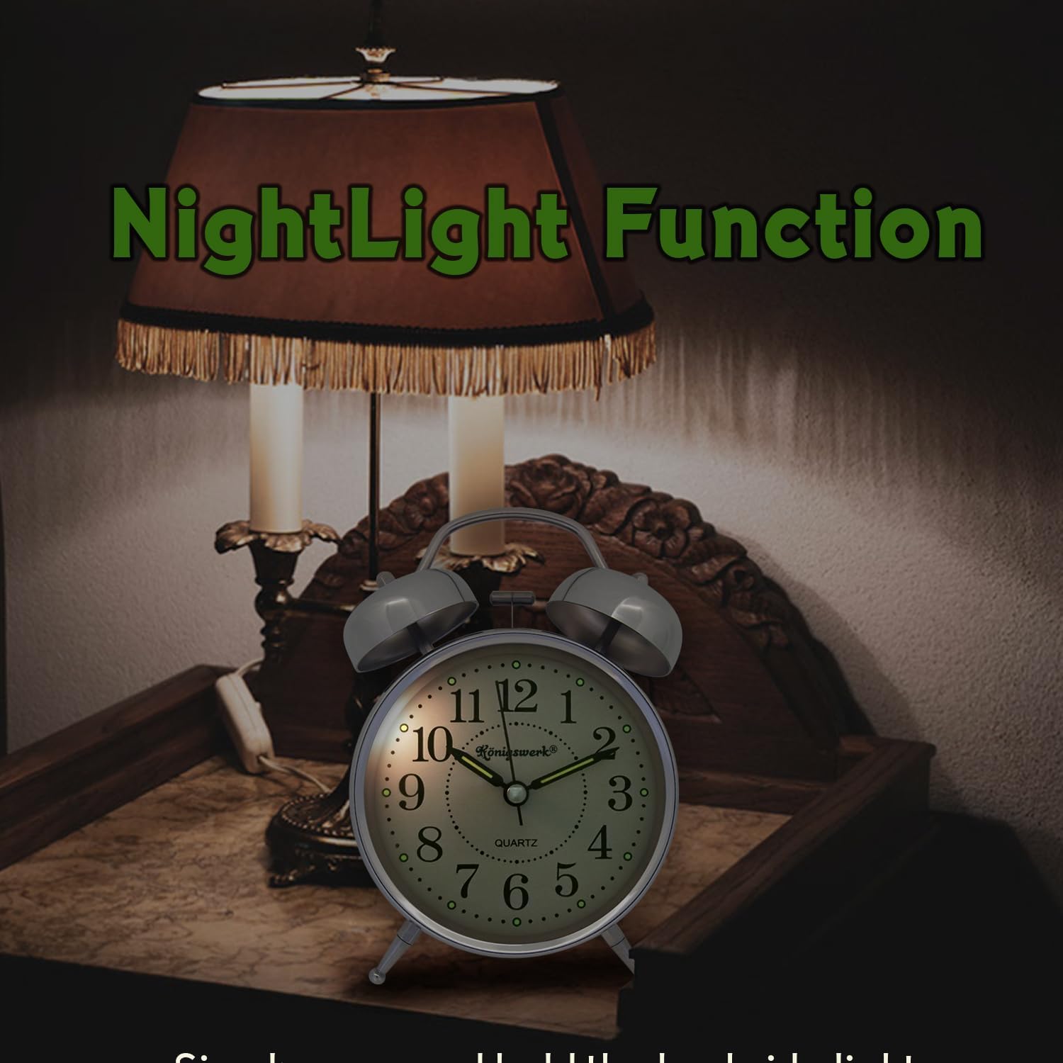 Loud Bell Alarm Clock with Night Light and Silent Hands