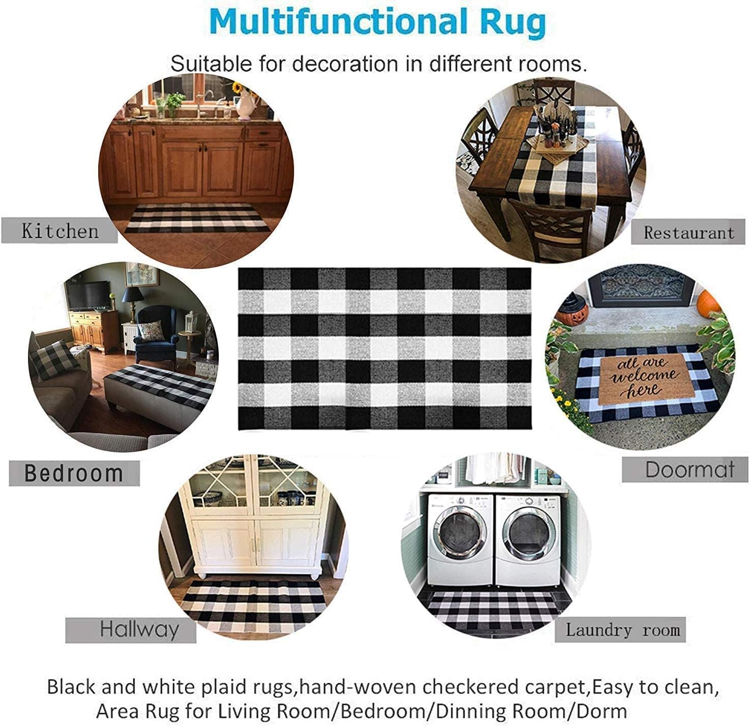 Seeksee Cotton Buffalo Plaid Rug 275x43 Black White Checked