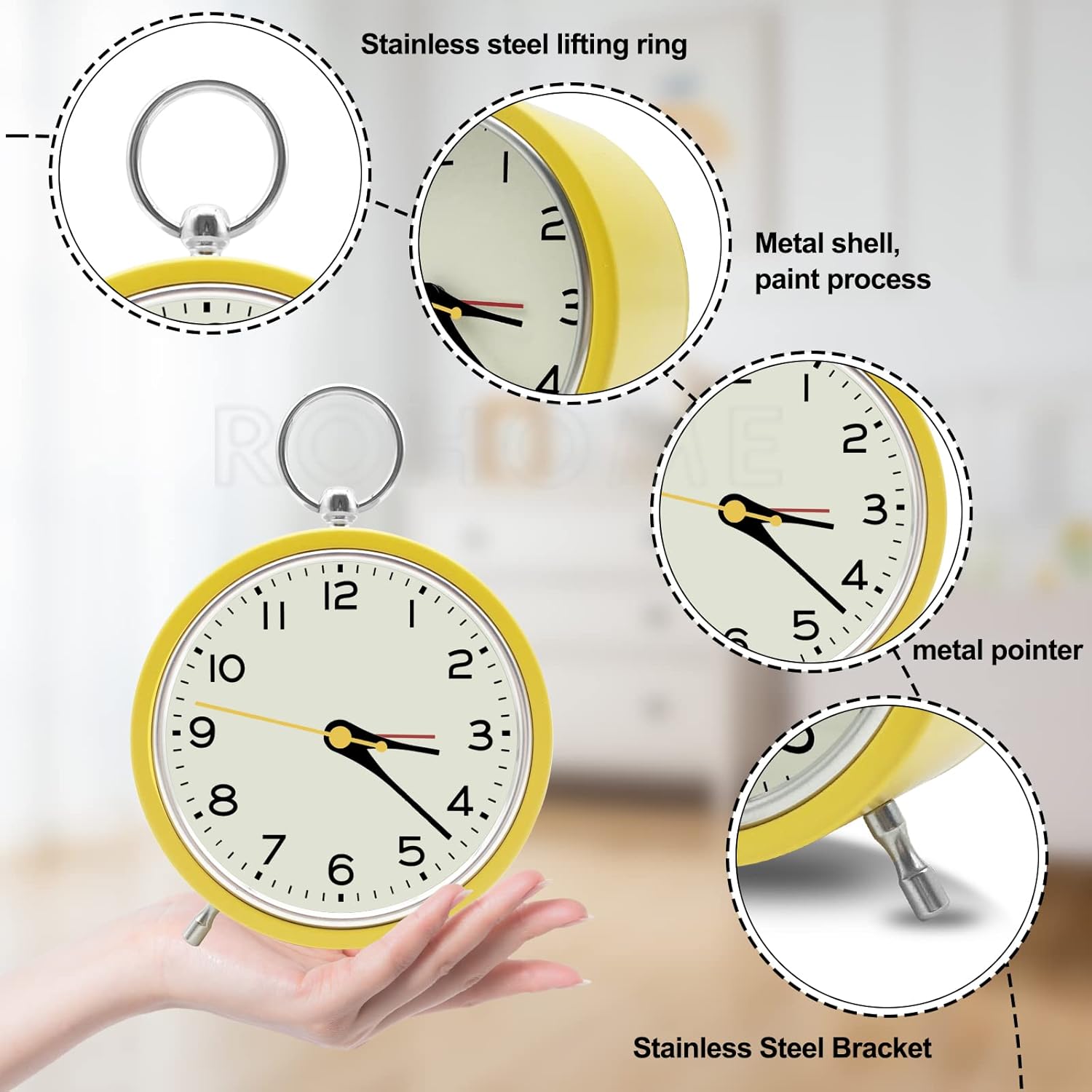 Small Alarm Clock with Night Light and Hanging Design Yellow