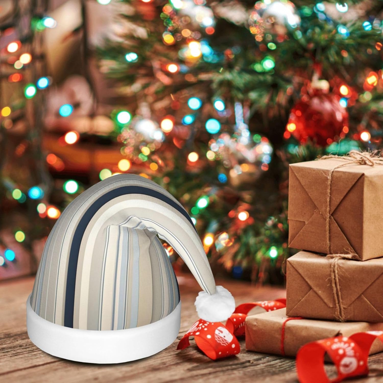 Blue Beige Stripe Christmas Hat with LED Lights