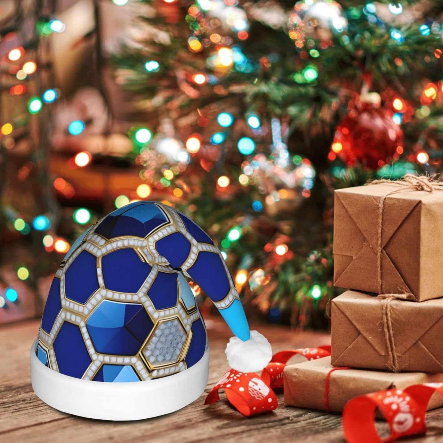 Blue Hexagons Diamond Print Christmas LED Santa Hat